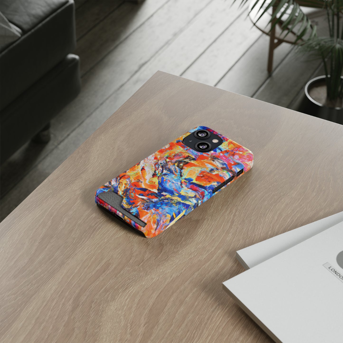 iPhone 13 and Samsung S21, S22 Cases with Card Holder Ft. Abstract Blue and Orange