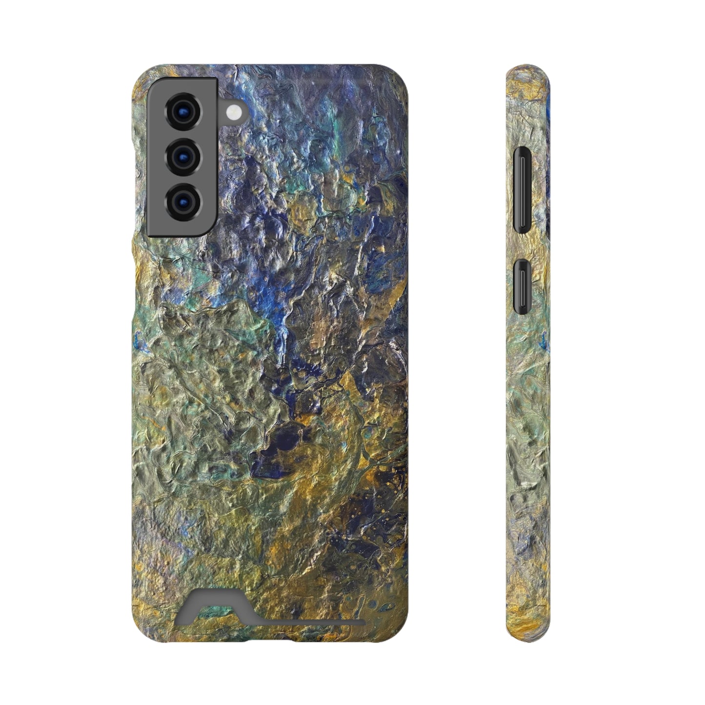 iPhone 13 and Samsung S21, S22 Cases with Card Holder Ft. Abstract Acrylic Gold Waterfall