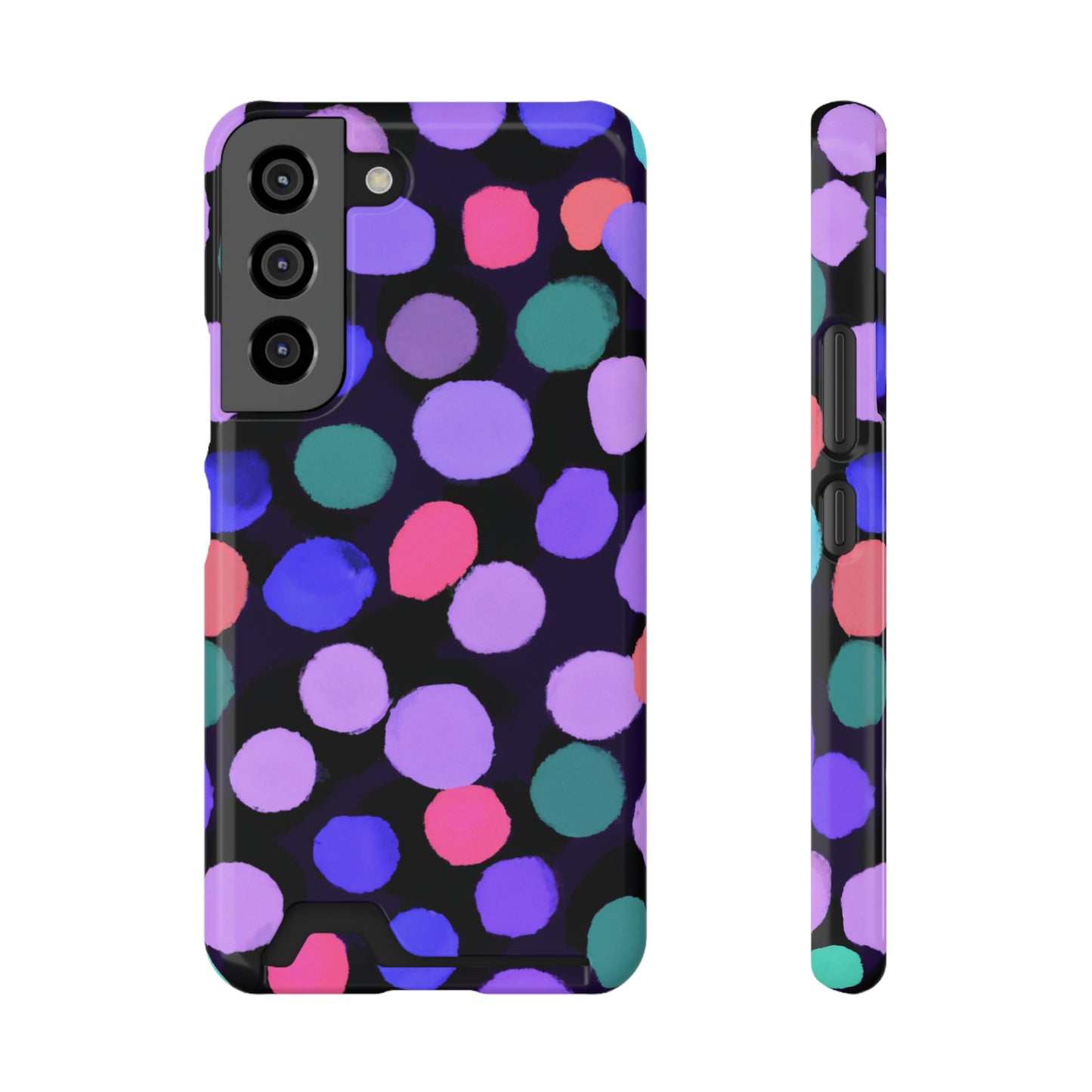 iPhone 13 and Samsung S21, S22 Cases with Card Holder Ft. Purple Dots