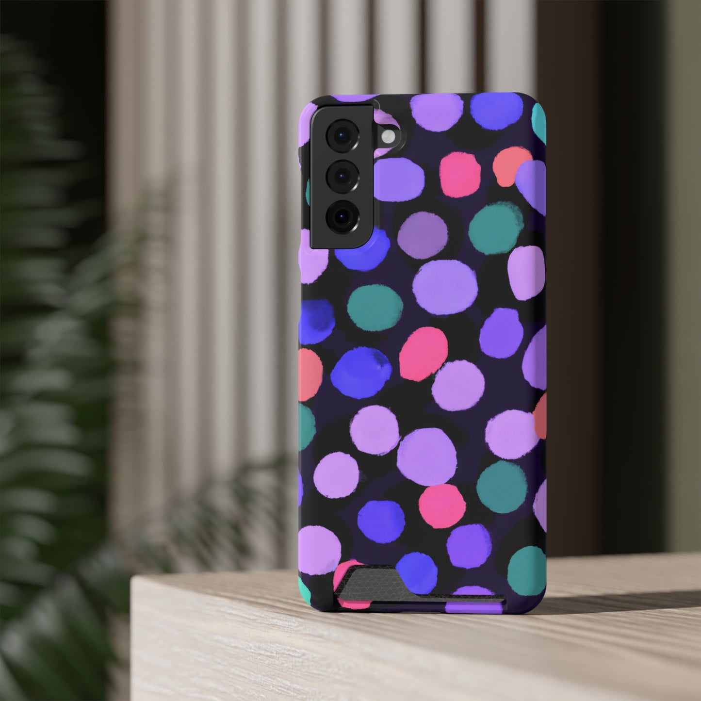 iPhone 13 and Samsung S21, S22 Cases with Card Holder Ft. Purple Dots