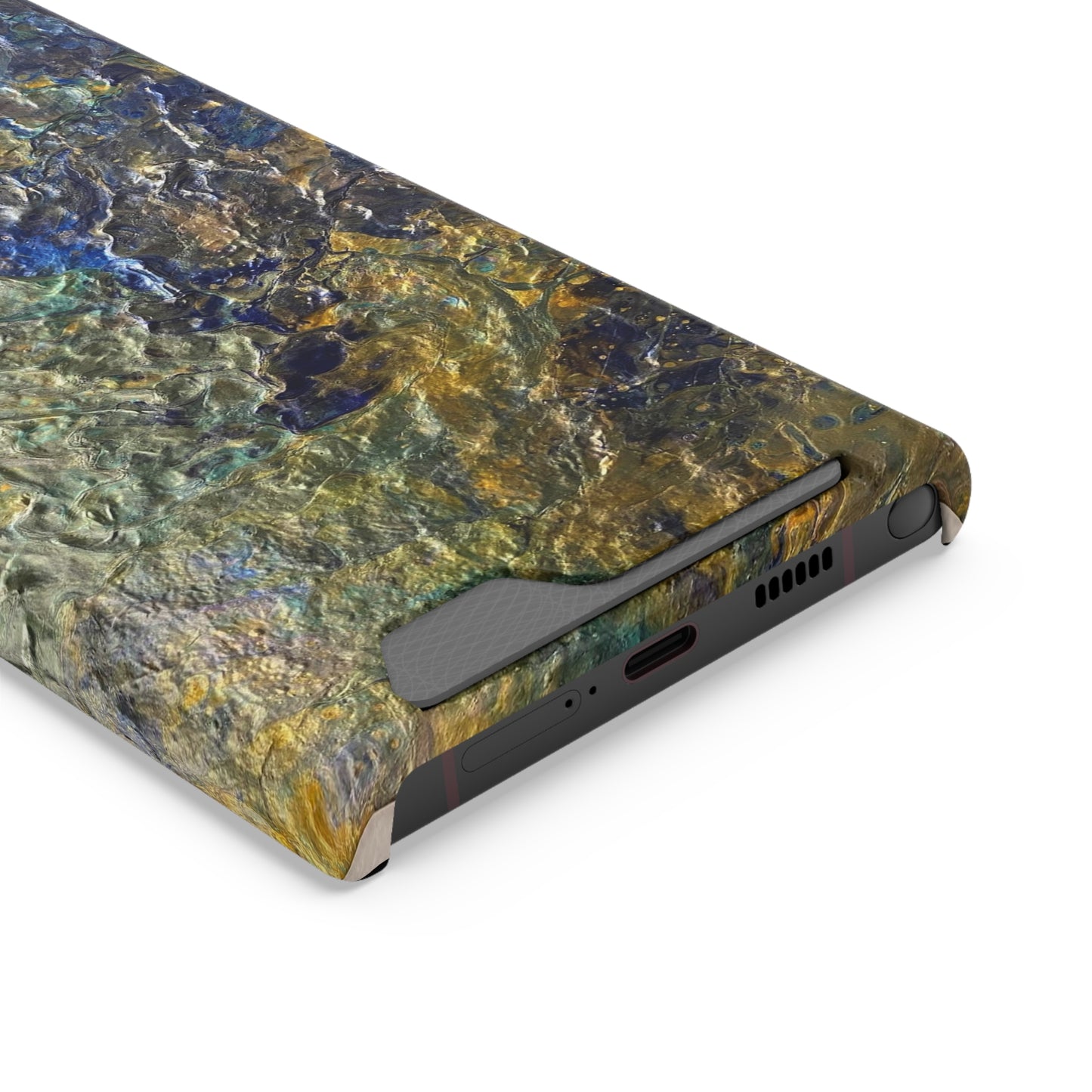 iPhone 13 and Samsung S21, S22 Cases with Card Holder Ft. Abstract Acrylic Gold Waterfall