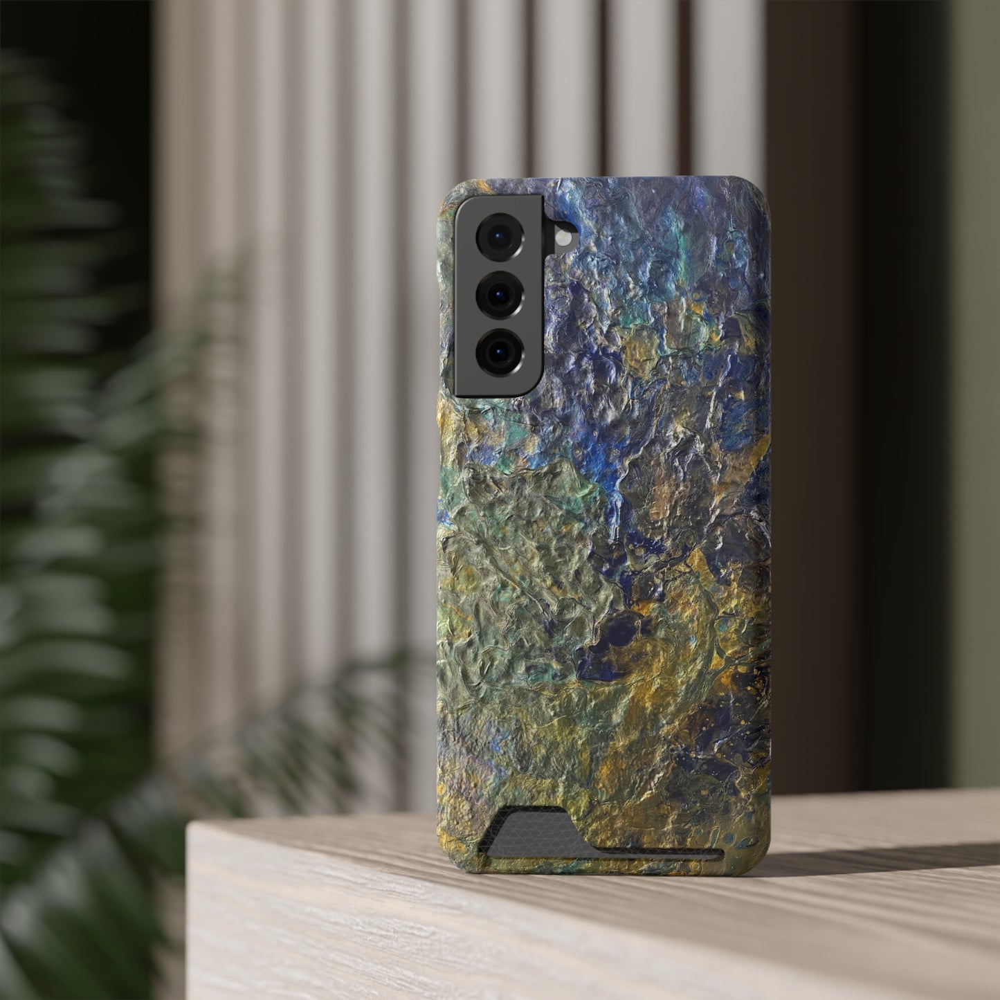 iPhone 13 and Samsung S21, S22 Cases with Card Holder Ft. Abstract Acrylic Gold Waterfall