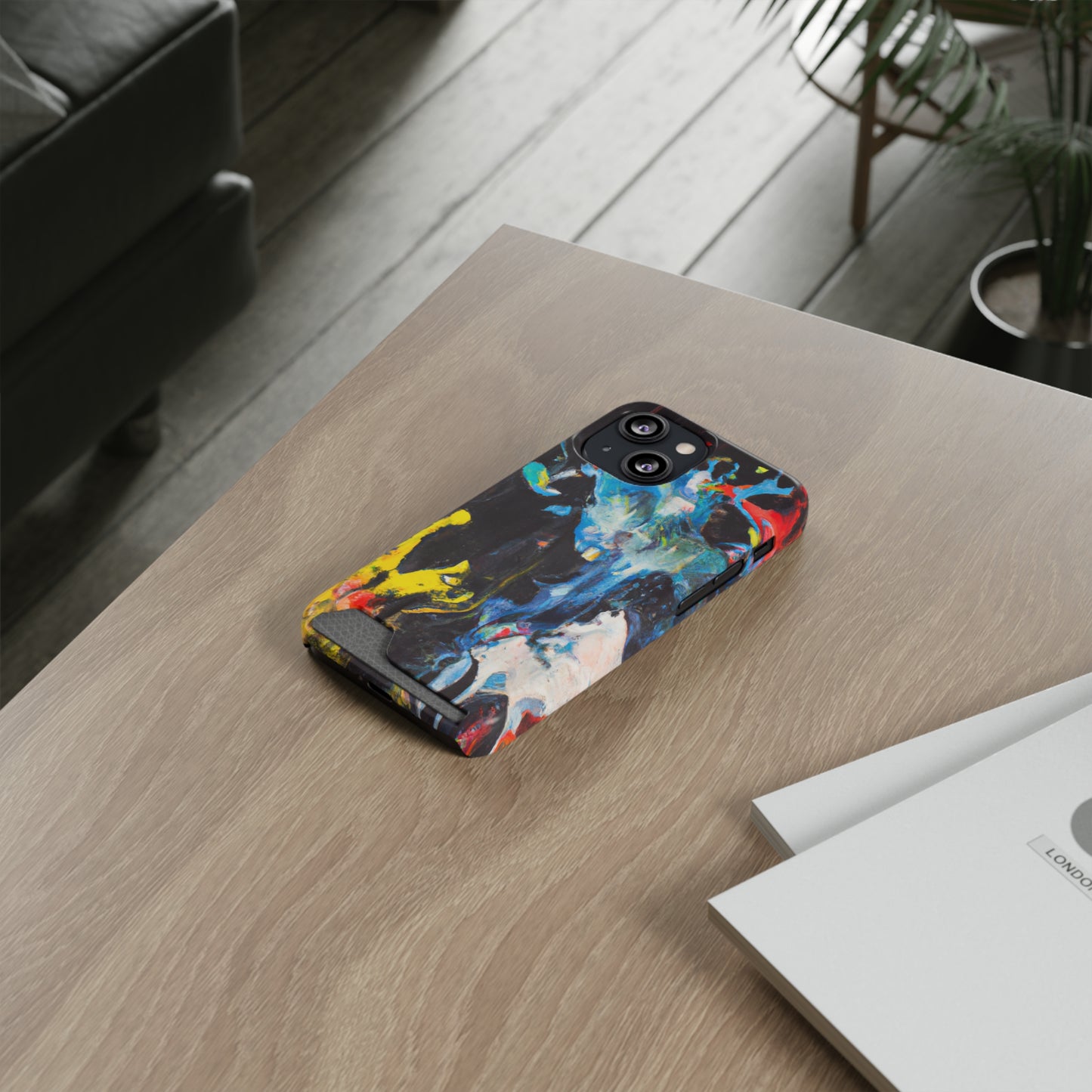 iPhone 13 or Samsung S21, S22 Case with Card Holder Ft. Blue Splat