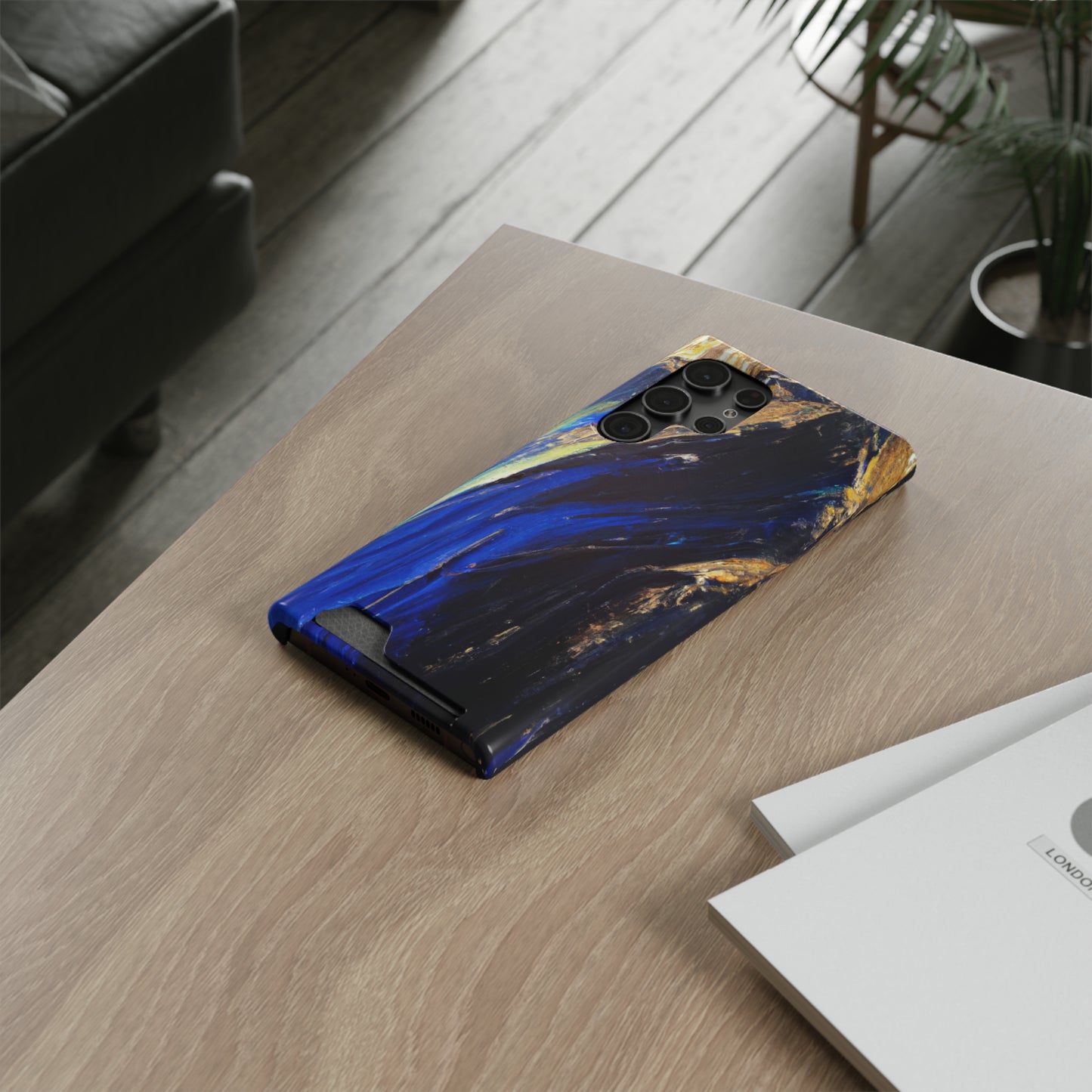 iPhone 13 and Samsung S21, S22 Cases with Card Holder Ft. Acrylic Blue Gold