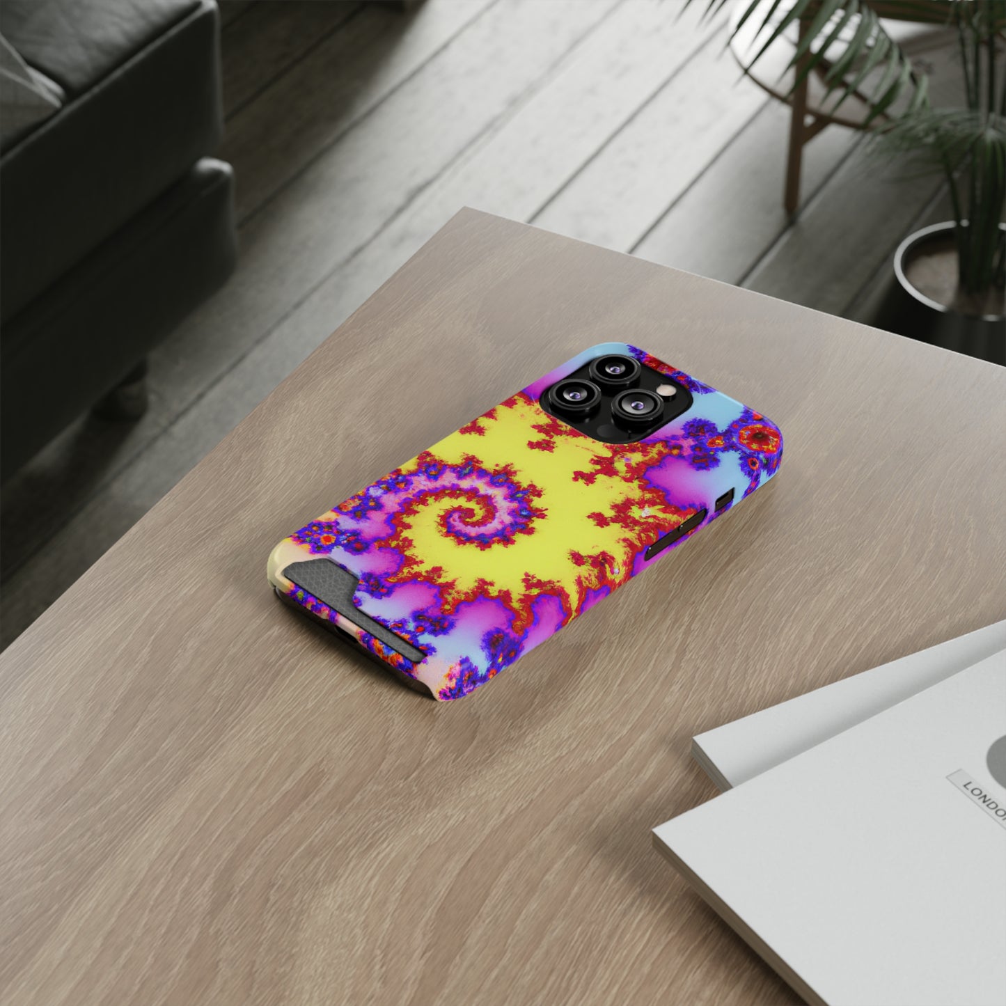iPhone 13 and Samsung S21, S22 Cases with Card Holder Ft. Tie Dye Fractal