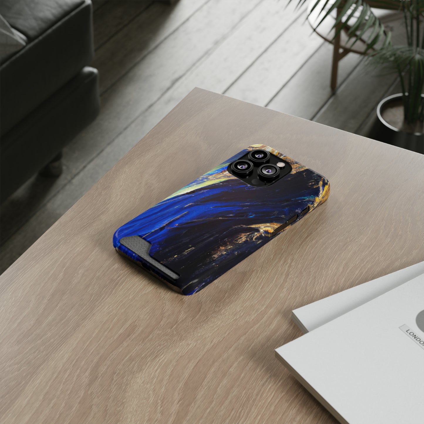 iPhone 13 and Samsung S21, S22 Cases with Card Holder Ft. Acrylic Blue Gold