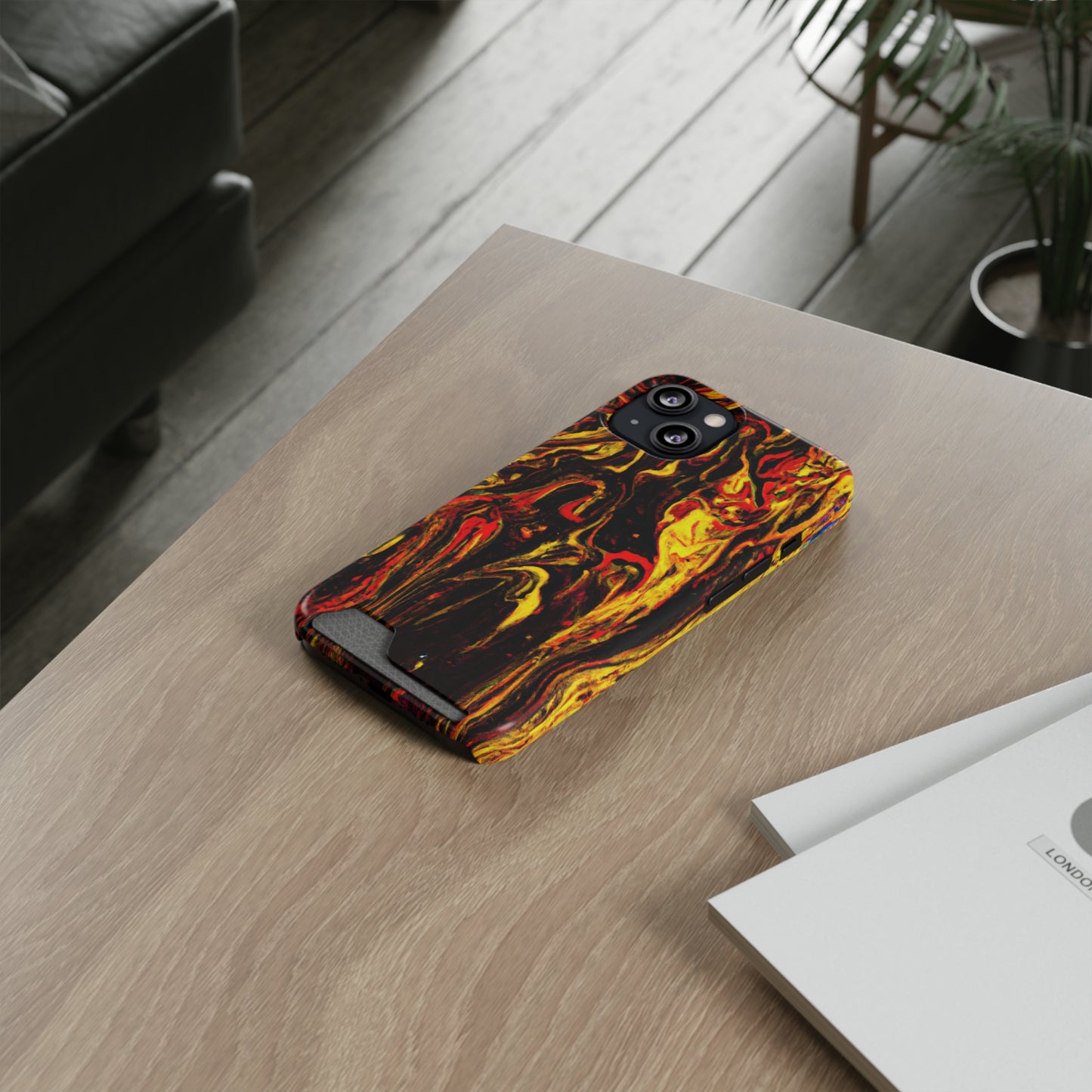 iPhone 13 and Samsung S21, S22 Cases with Card Holder Ft. Abstract Black and Yellow