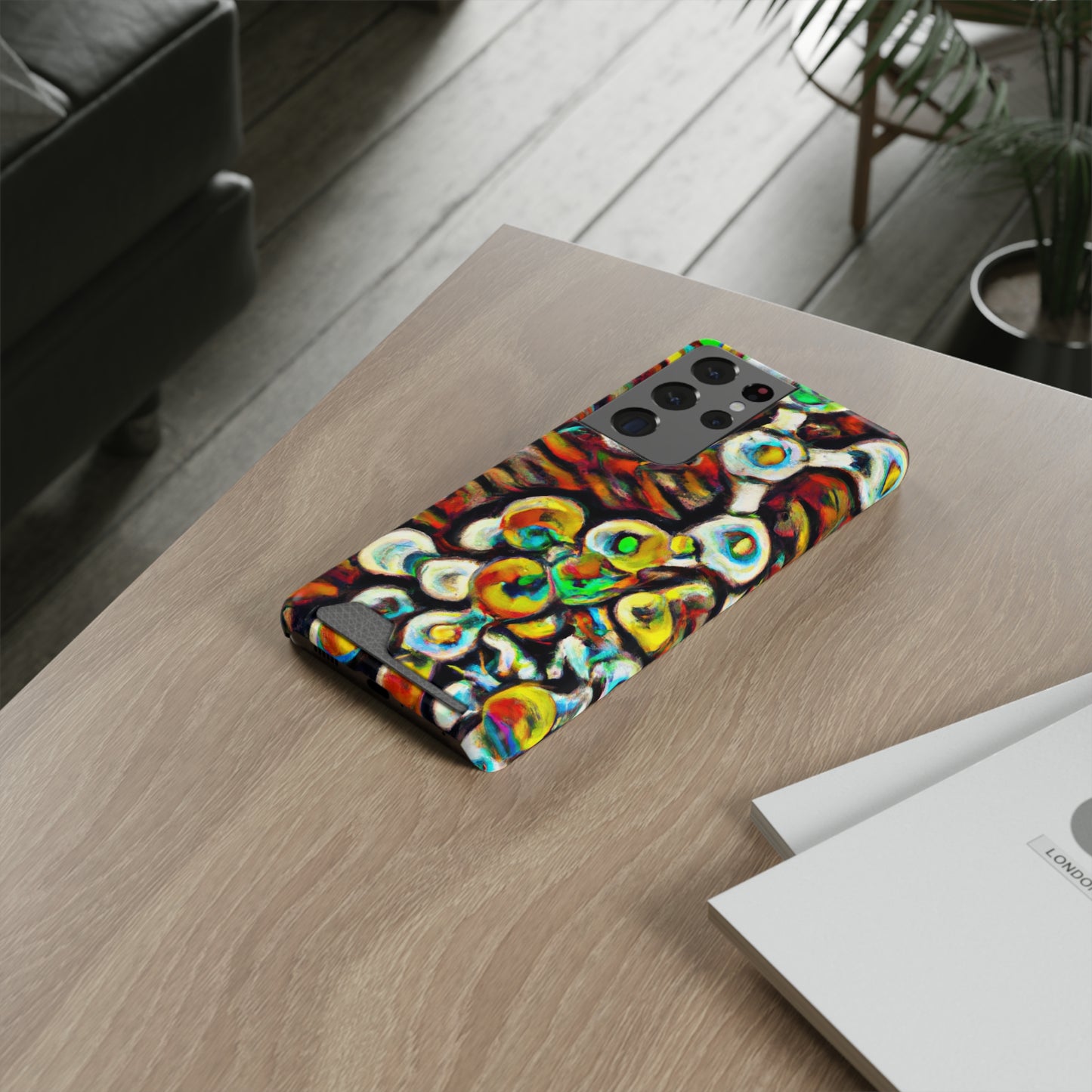 iPhone 13 and Samsung S21, S22 Cases with Card Holder Ft. Abstract Molecule