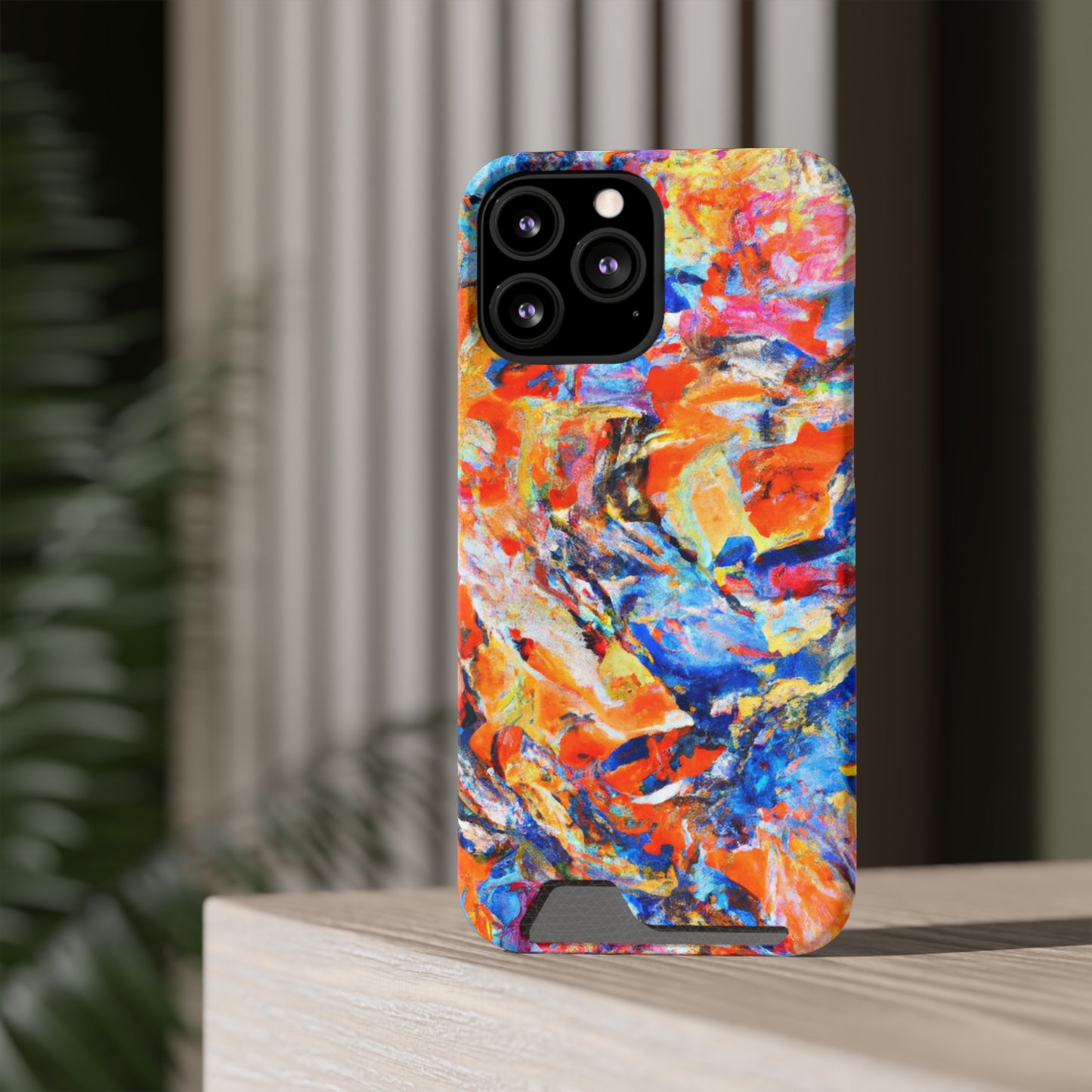 iPhone 13 and Samsung S21, S22 Cases with Card Holder Ft. Abstract Blue and Orange