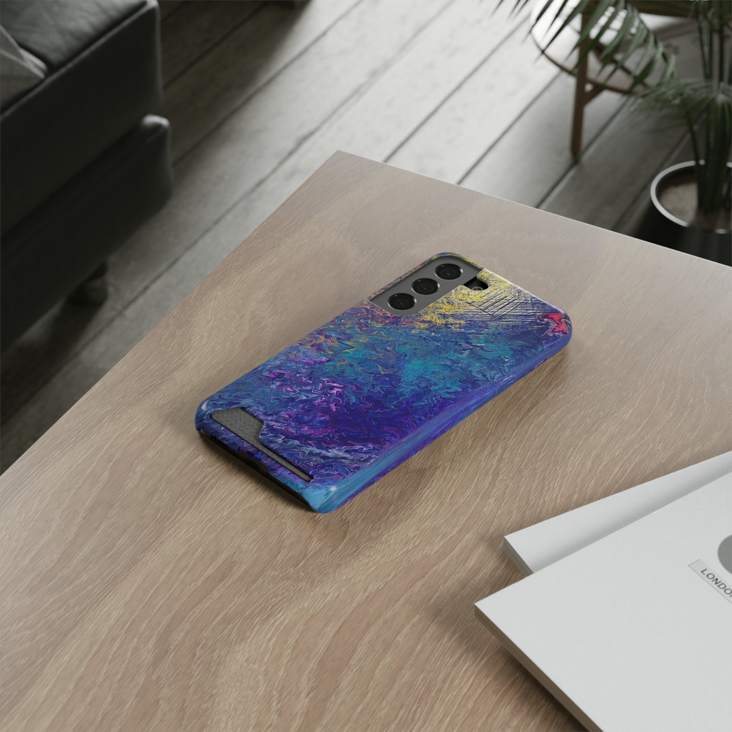 iPhone 13 and Samsung S21, S22 Cases with Card Holder Ft. Abstract Blue Waterfall
