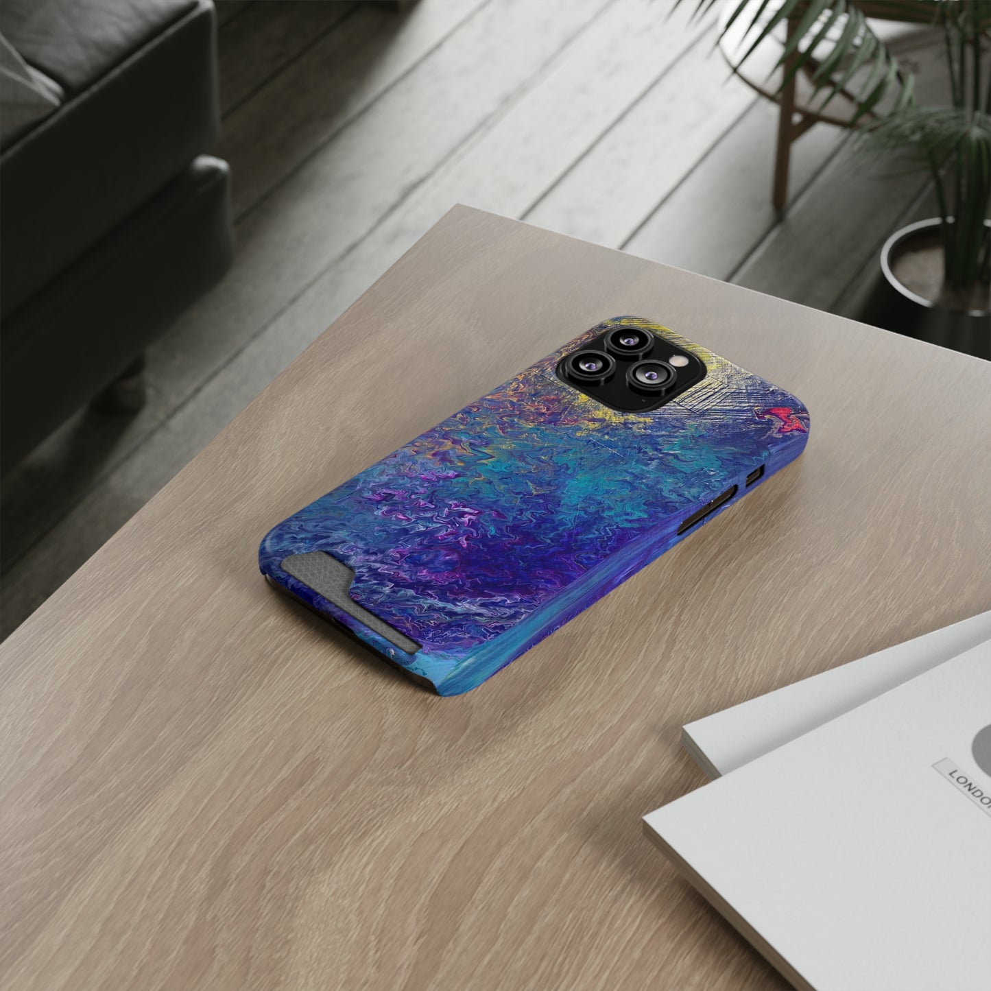 iPhone 13 and Samsung S21, S22 Cases with Card Holder Ft. Abstract Blue Waterfall