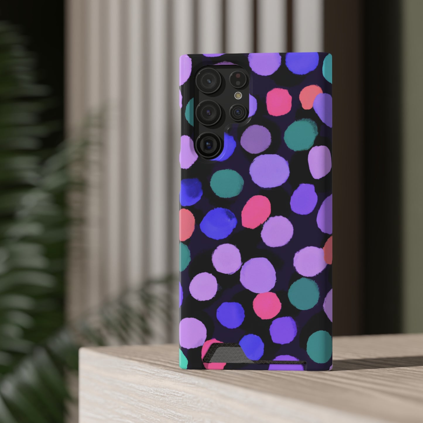 iPhone 13 and Samsung S21, S22 Cases with Card Holder Ft. Purple Dots
