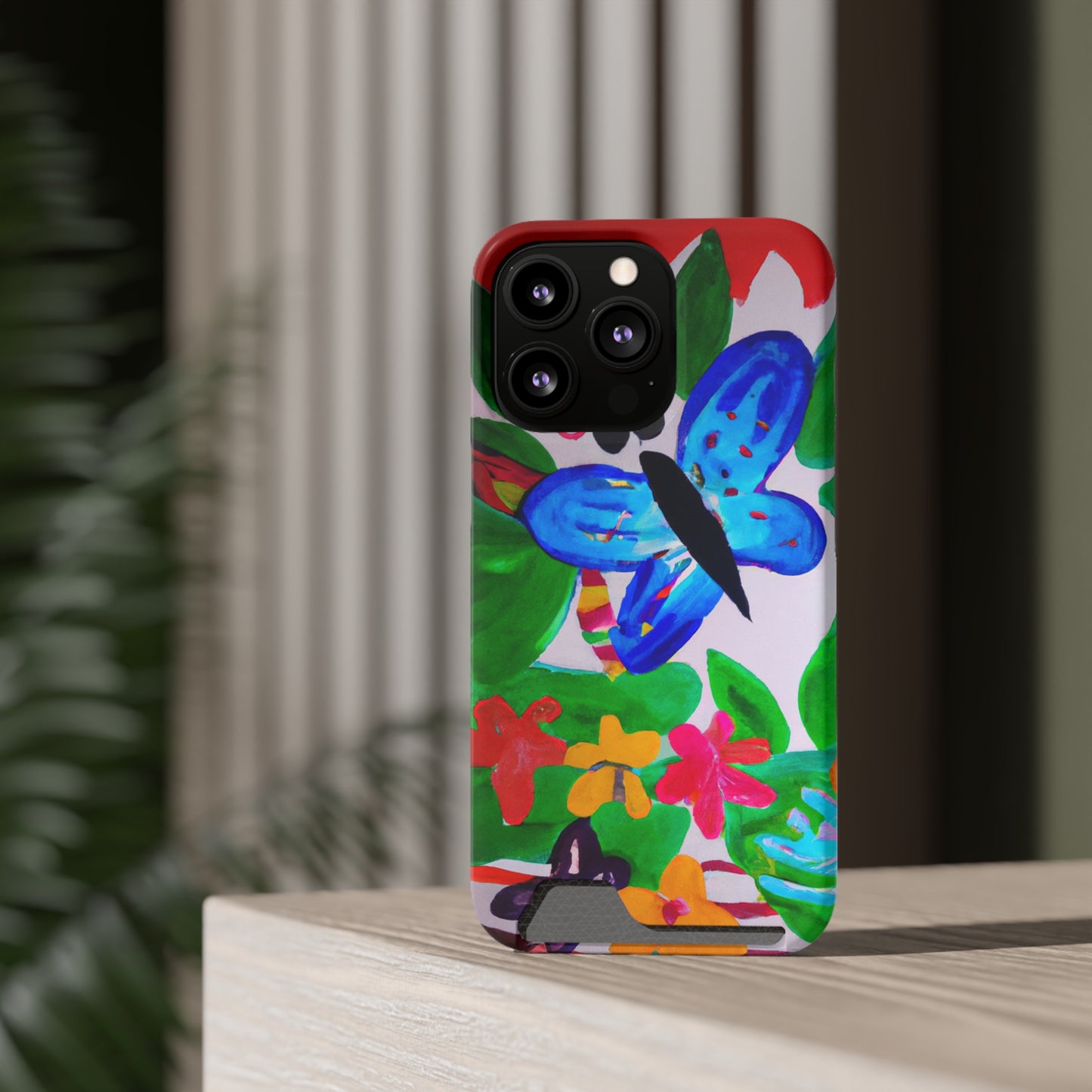 iPhone 13 and Samsung S21, S22 Cases with Card Holder Ft. Watercolor Butterfly