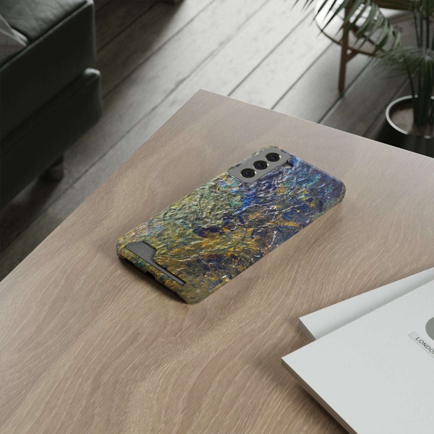 iPhone 13 and Samsung S21, S22 Cases with Card Holder Ft. Abstract Acrylic Gold Waterfall