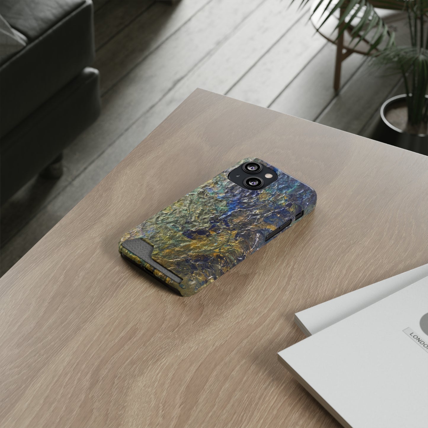 iPhone 13 and Samsung S21, S22 Cases with Card Holder Ft. Abstract Acrylic Gold Waterfall