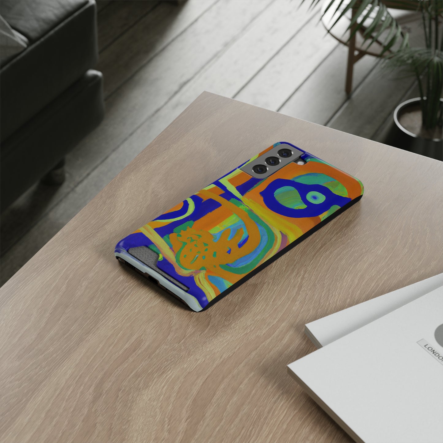iPhone 13 and Samsung S21, S22 Cases with Card Holder Ft. Blue Orange Curves