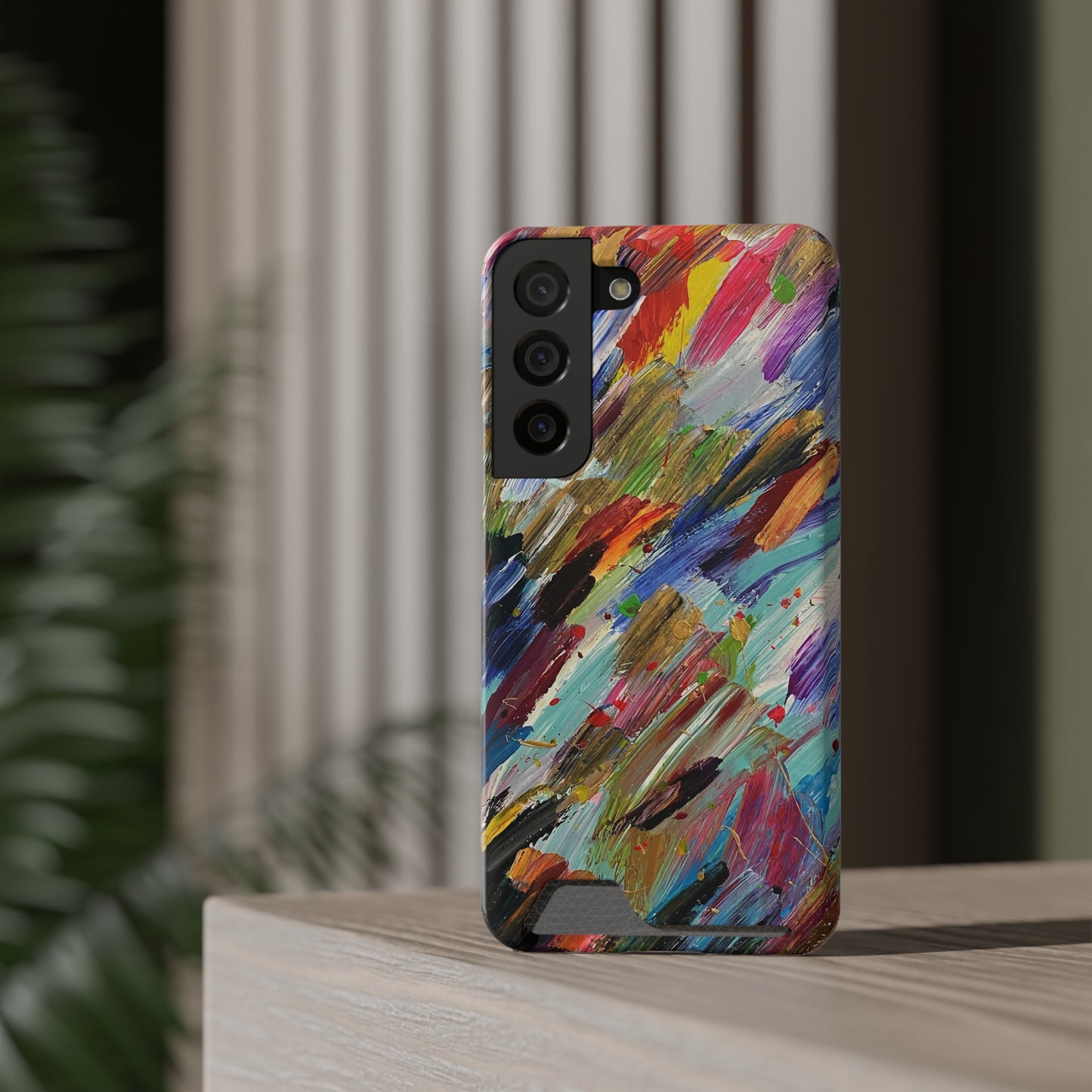 iPhone 13 and Samsung S21, S22 Cases with Card Holder Ft. Abstract Acrylic Feathers