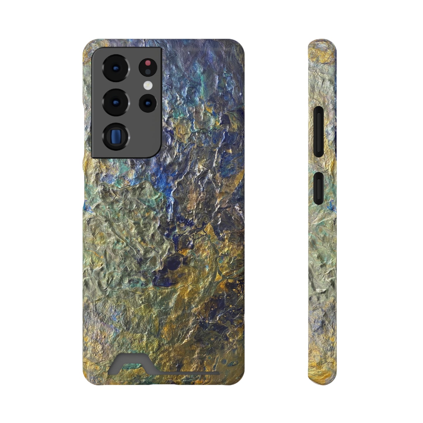 iPhone 13 and Samsung S21, S22 Cases with Card Holder Ft. Abstract Acrylic Gold Waterfall