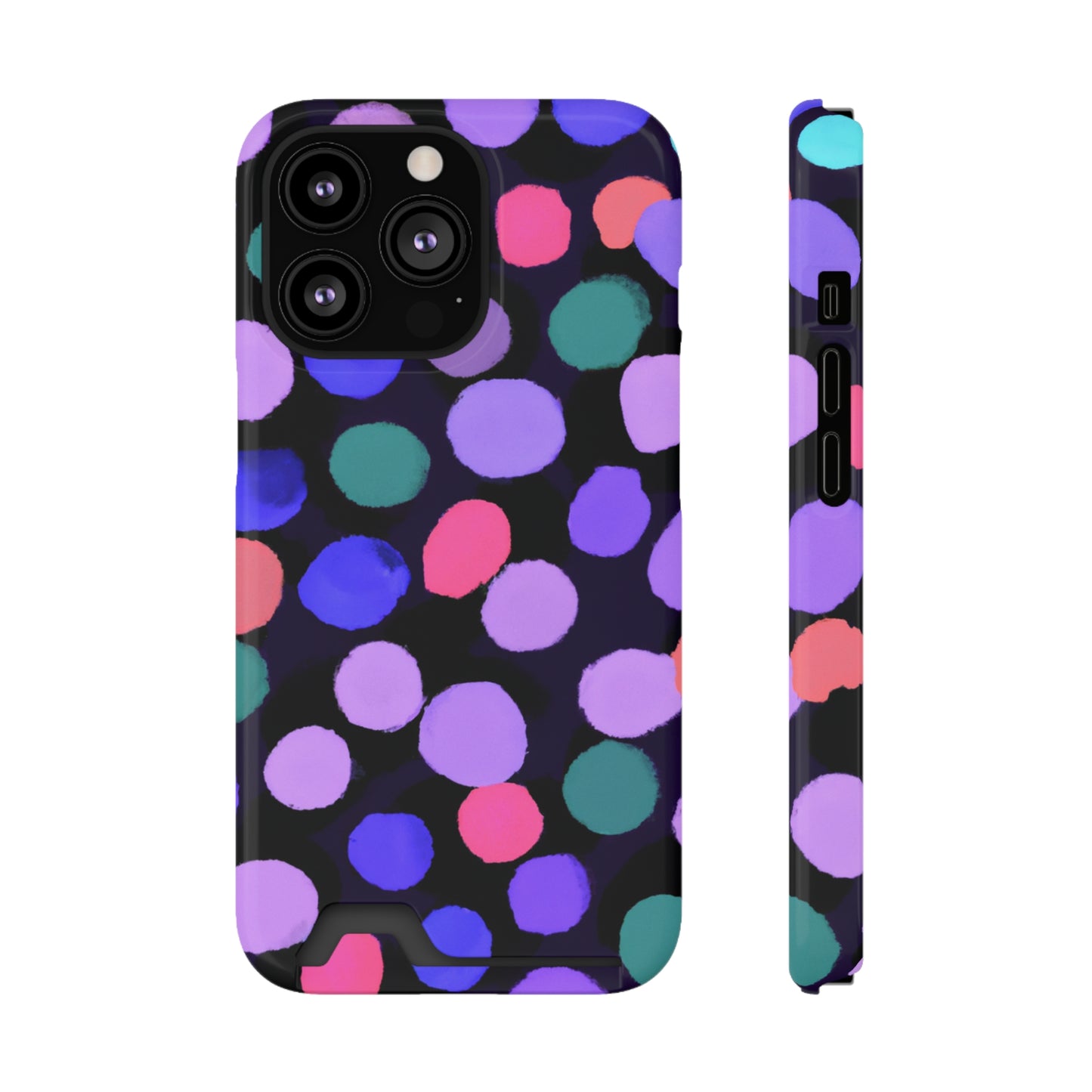 iPhone 13 and Samsung S21, S22 Cases with Card Holder Ft. Purple Dots