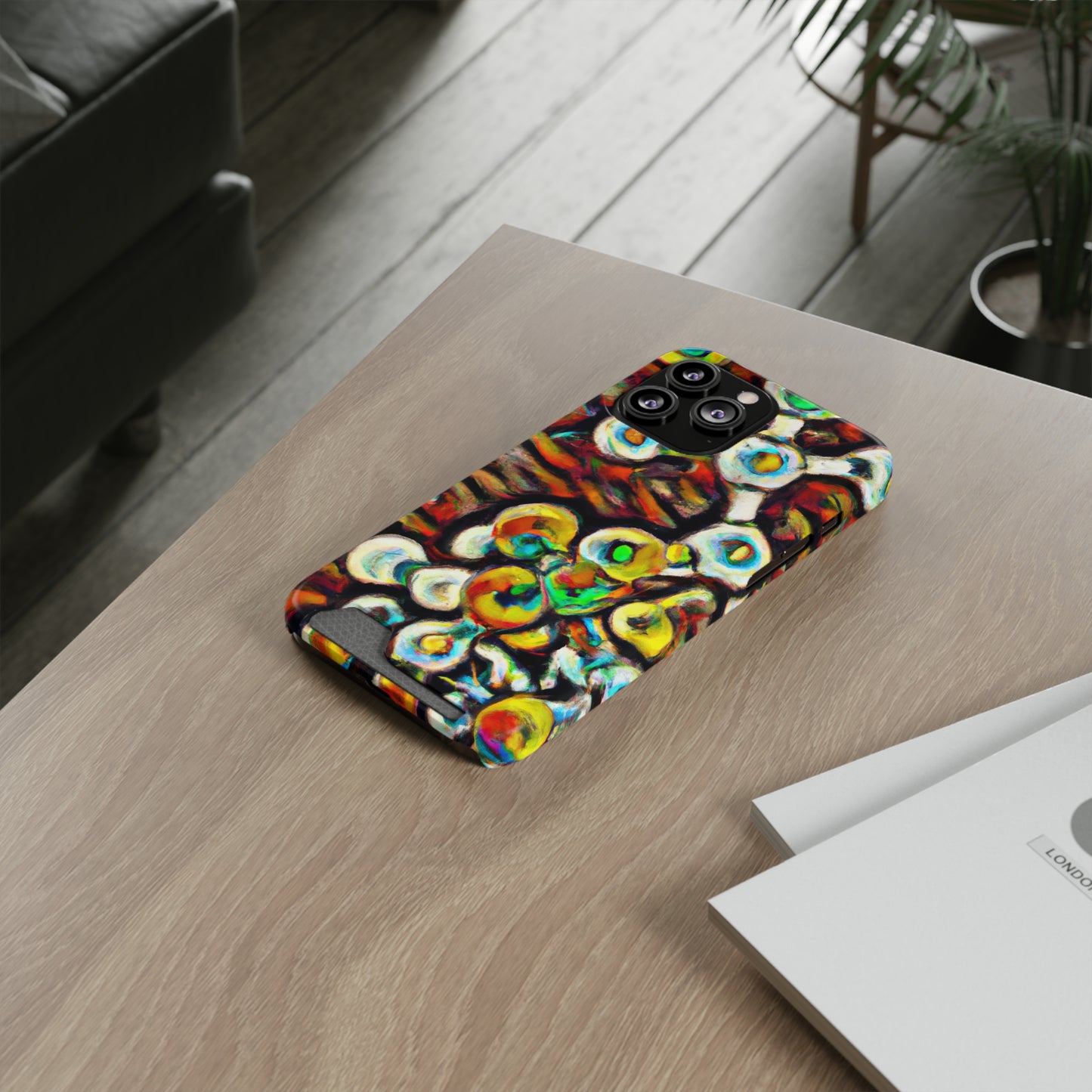 iPhone 13 and Samsung S21, S22 Cases with Card Holder Ft. Abstract Molecule