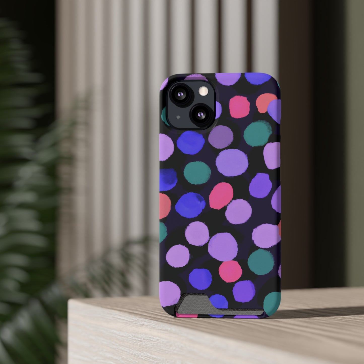 iPhone 13 and Samsung S21, S22 Cases with Card Holder Ft. Purple Dots