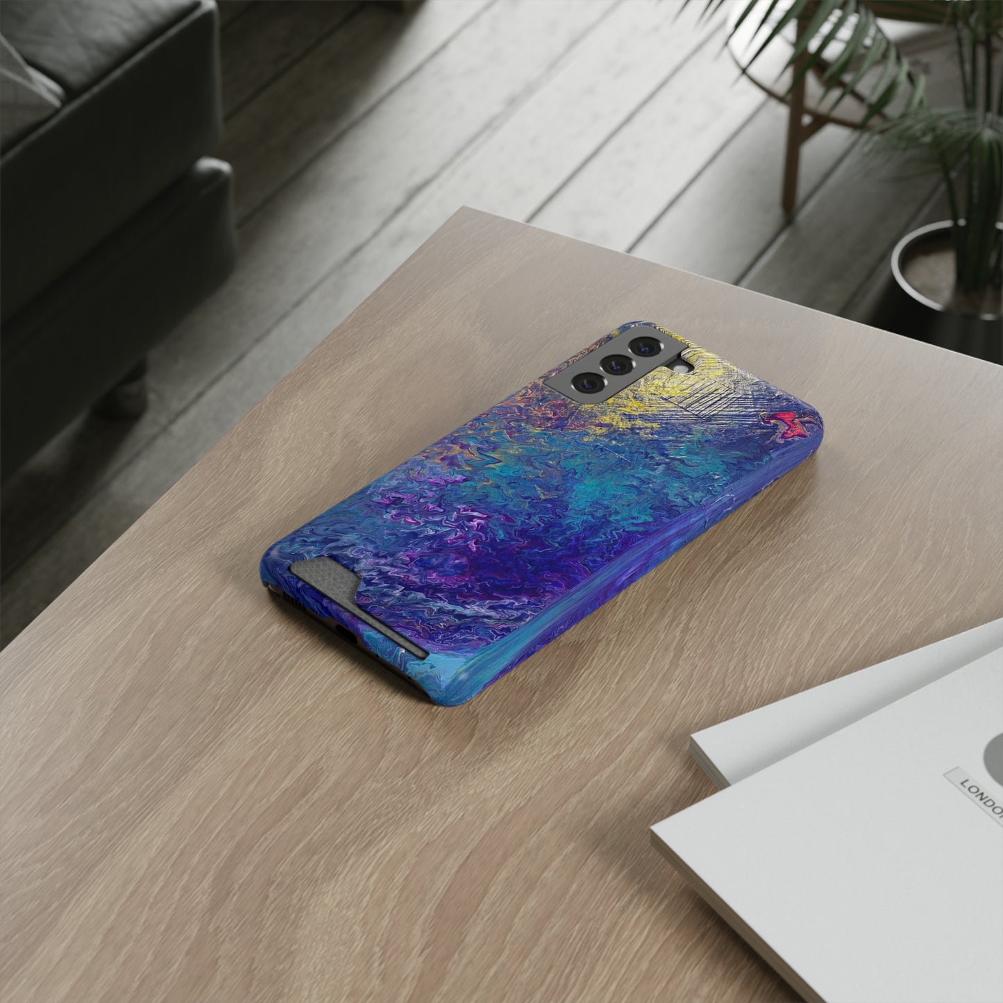 iPhone 13 and Samsung S21, S22 Cases with Card Holder Ft. Abstract Blue Waterfall