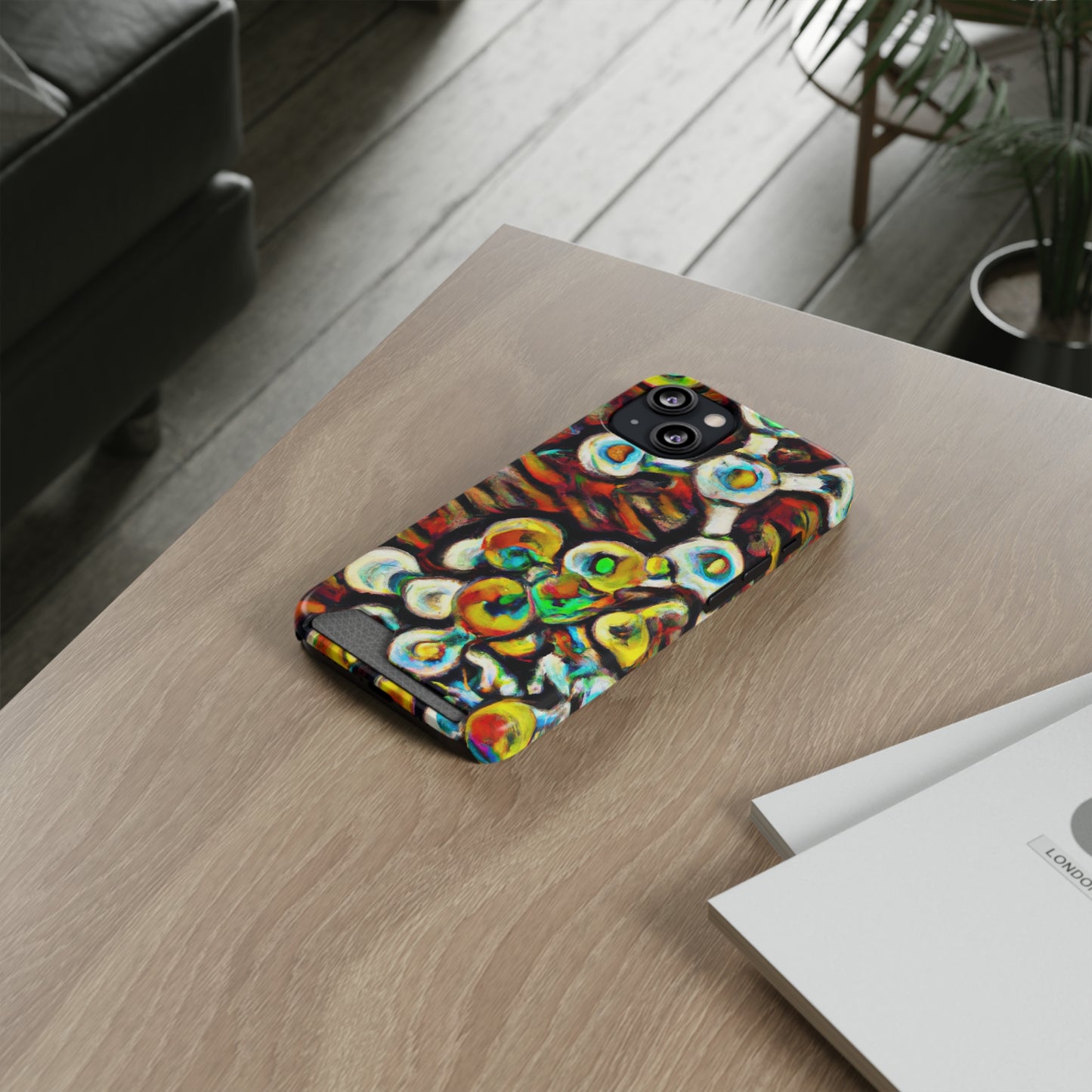 iPhone 13 and Samsung S21, S22 Cases with Card Holder Ft. Abstract Molecule