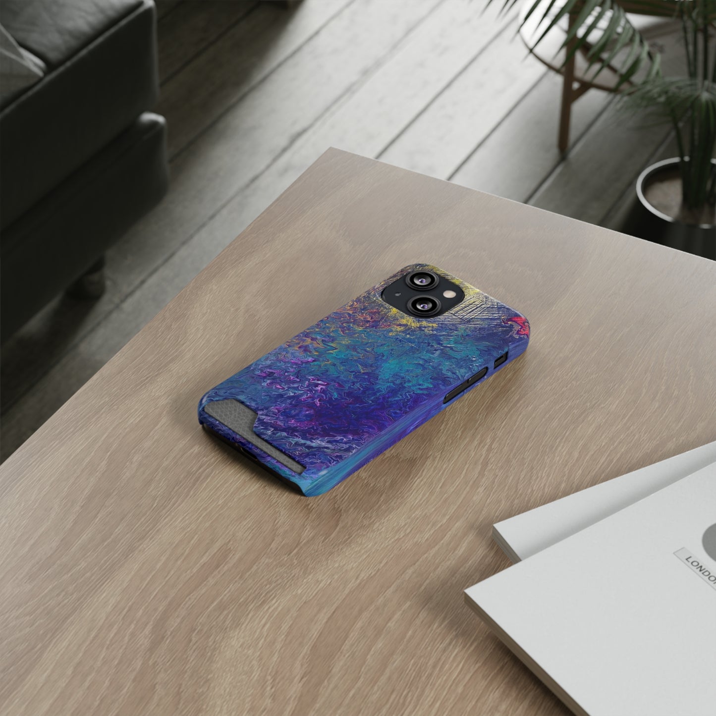 iPhone 13 and Samsung S21, S22 Cases with Card Holder Ft. Abstract Blue Waterfall