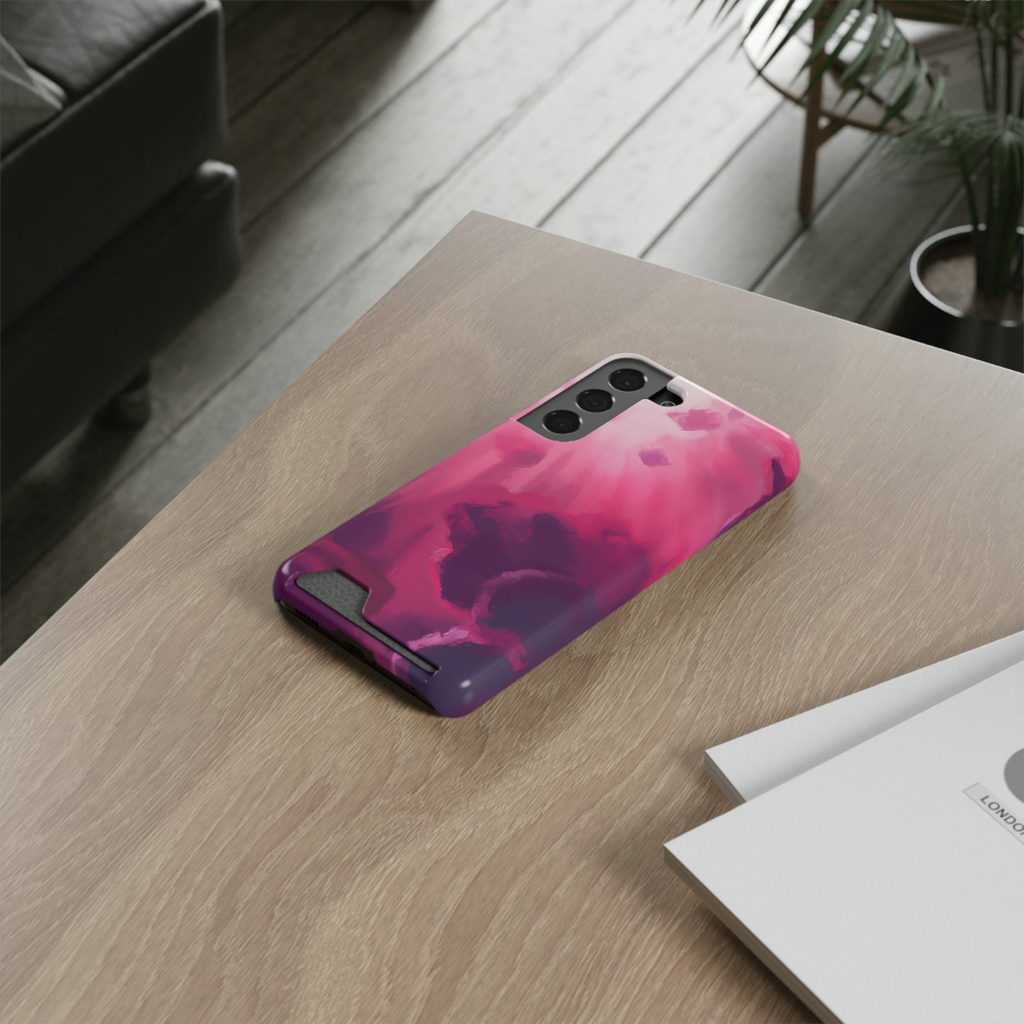 iPhone 13 and Samsung S21, S22 Cases with Card Holder Ft. Abstract Pink Sky
