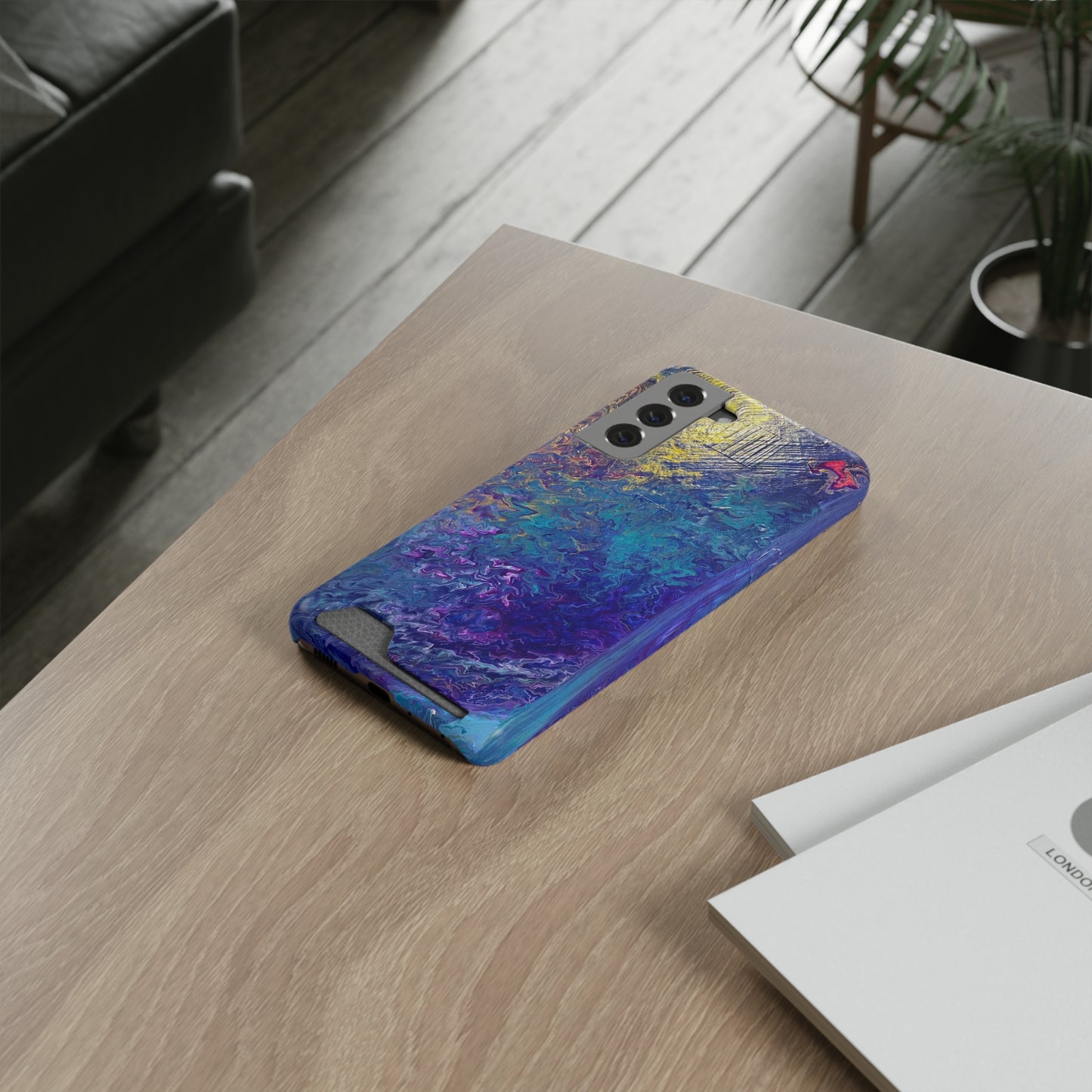 iPhone 13 and Samsung S21, S22 Cases with Card Holder Ft. Abstract Blue Waterfall