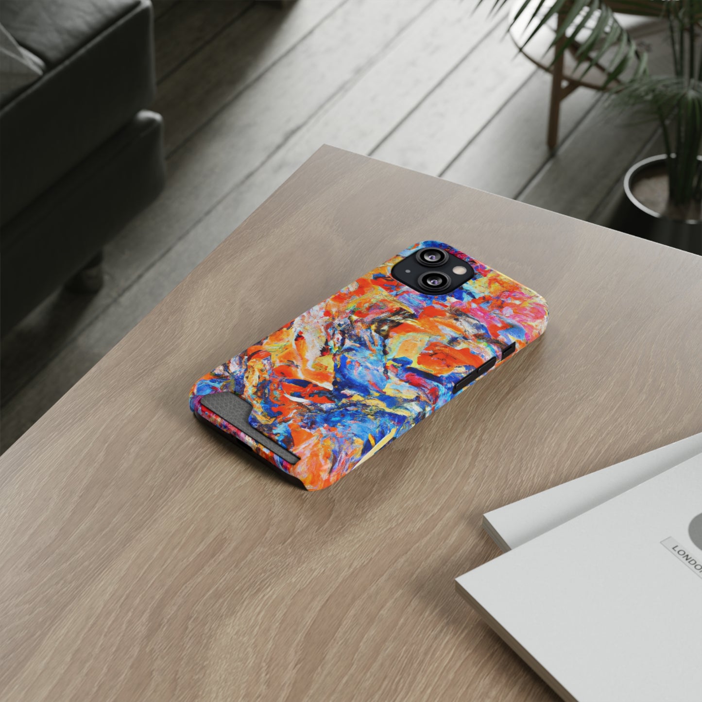 iPhone 13 and Samsung S21, S22 Cases with Card Holder Ft. Abstract Blue and Orange