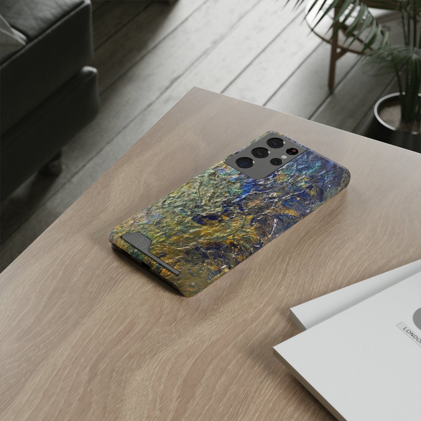 iPhone 13 and Samsung S21, S22 Cases with Card Holder Ft. Abstract Acrylic Gold Waterfall