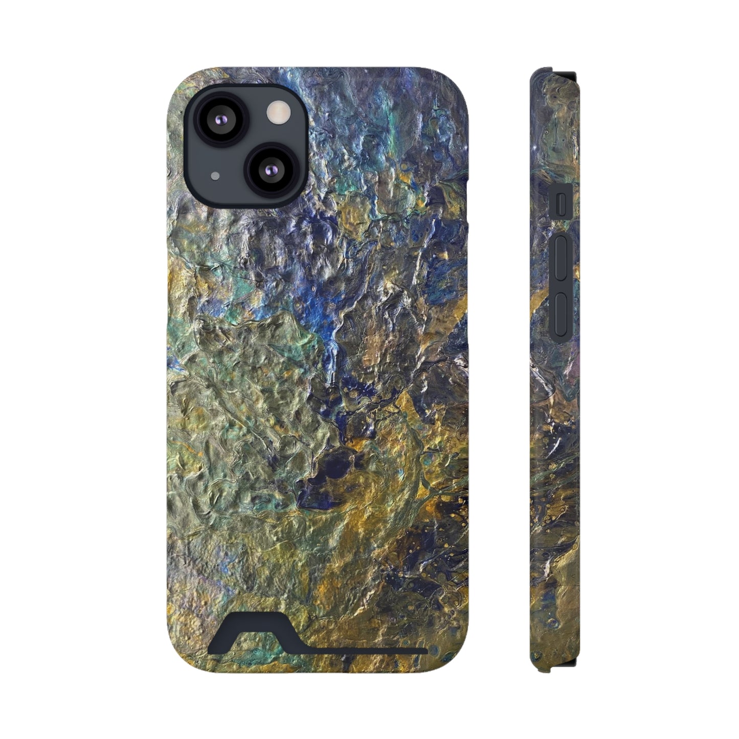 iPhone 13 and Samsung S21, S22 Cases with Card Holder Ft. Abstract Acrylic Gold Waterfall