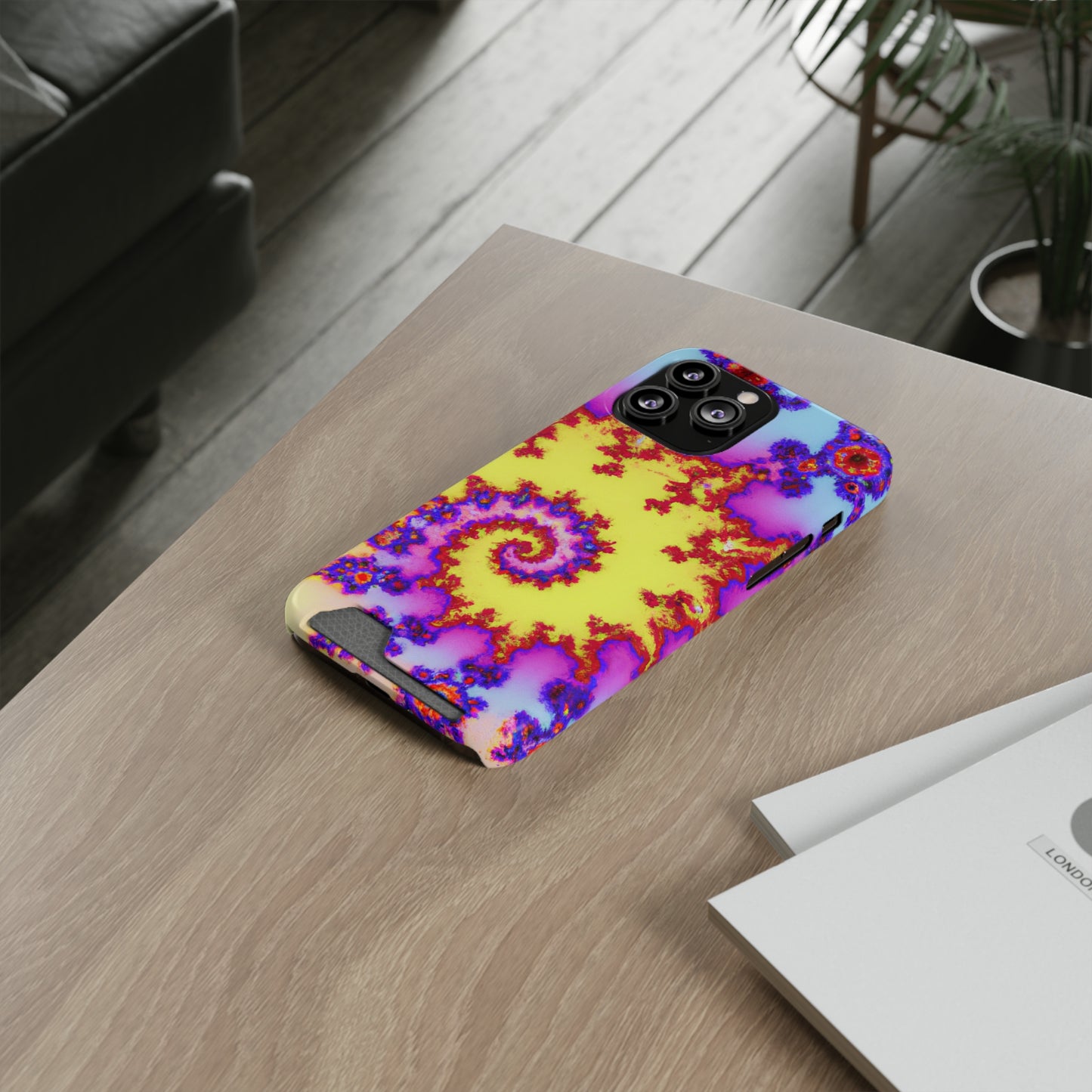 iPhone 13 and Samsung S21, S22 Cases with Card Holder Ft. Tie Dye Fractal