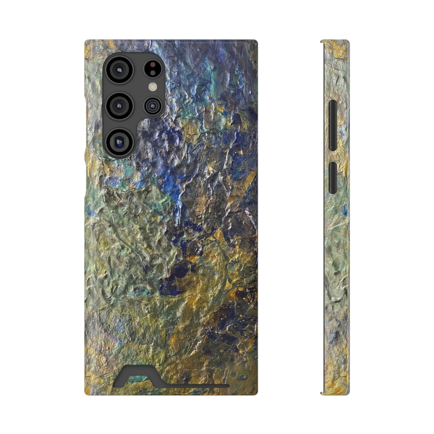 iPhone 13 and Samsung S21, S22 Cases with Card Holder Ft. Abstract Acrylic Gold Waterfall