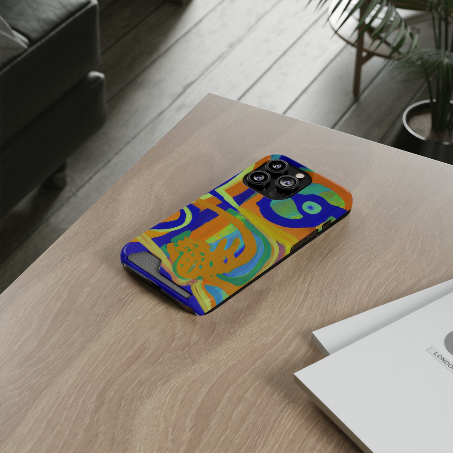 iPhone 13 and Samsung S21, S22 Cases with Card Holder Ft. Blue Orange Curves