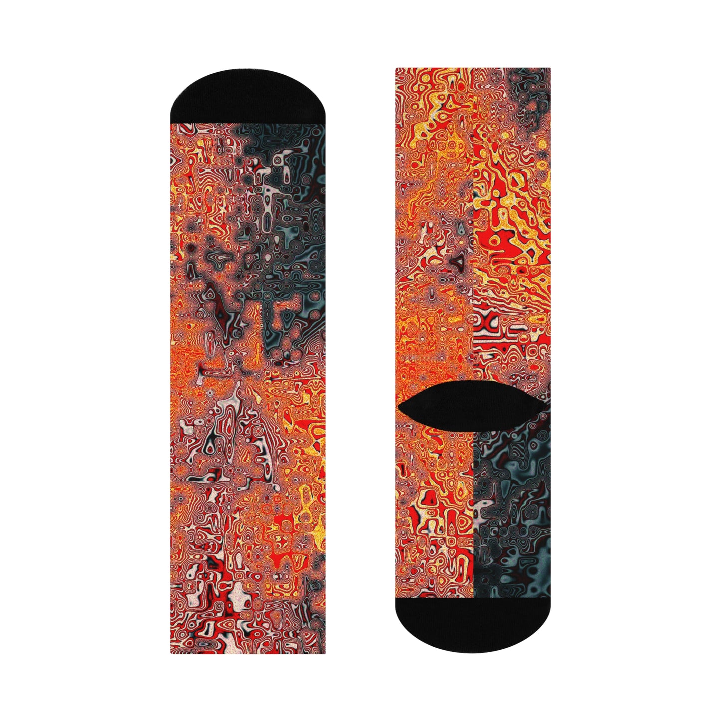 Abstract Lava Flow Crew Socks: Cushioned Artistic Orange & Black Pattern