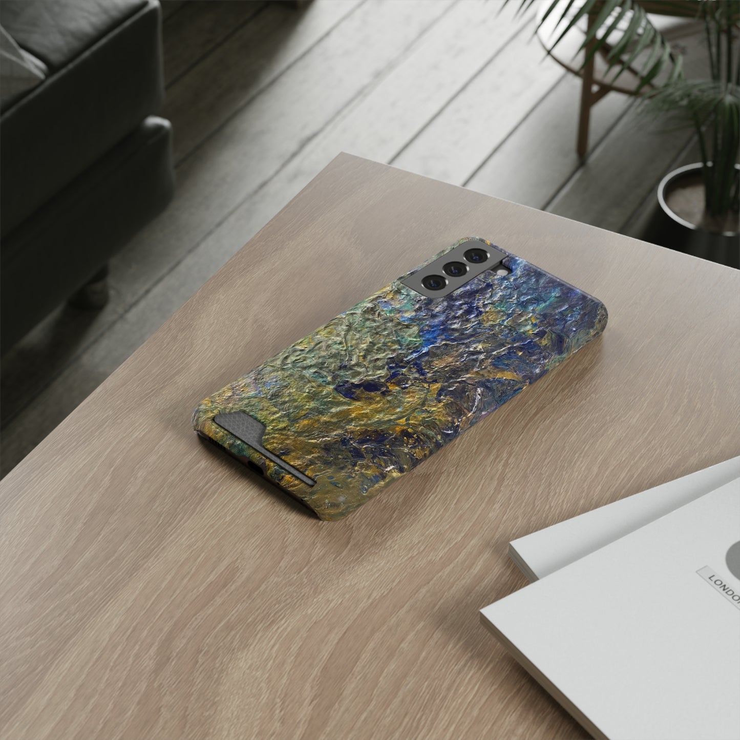 iPhone 13 and Samsung S21, S22 Cases with Card Holder Ft. Abstract Acrylic Gold Waterfall