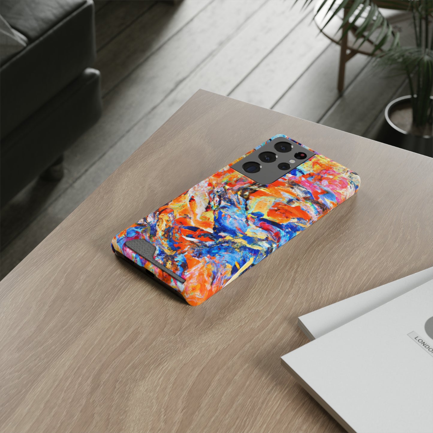 iPhone 13 and Samsung S21, S22 Cases with Card Holder Ft. Abstract Blue and Orange