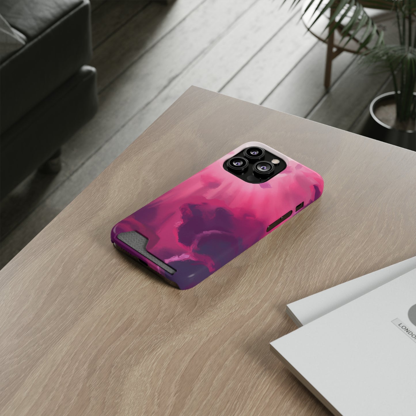 iPhone 13 and Samsung S21, S22 Cases with Card Holder Ft. Abstract Pink Sky