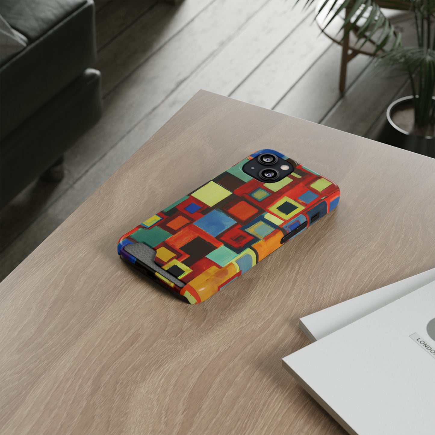iPhone 13 and Samsung S21, S22 Cases with Card Holder Ft. Abstract Squares