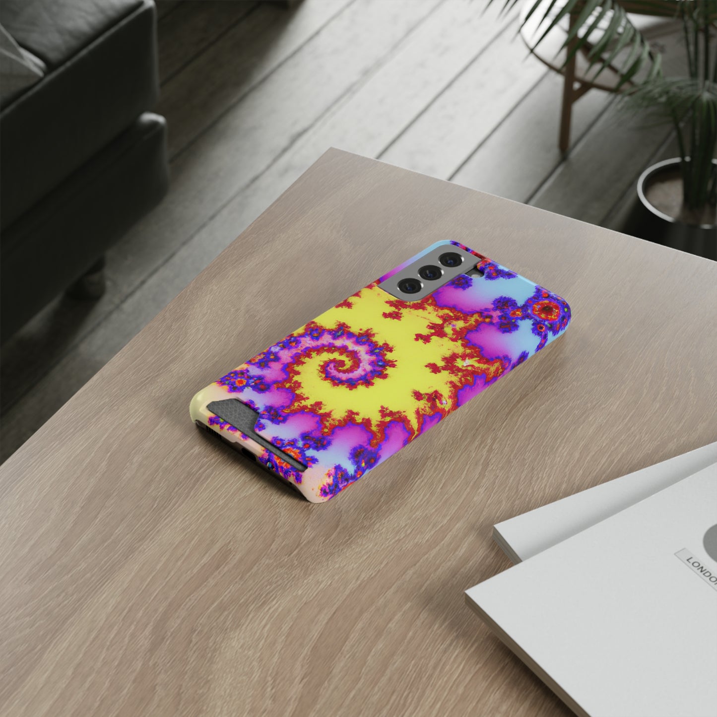 iPhone 13 and Samsung S21, S22 Cases with Card Holder Ft. Tie Dye Fractal