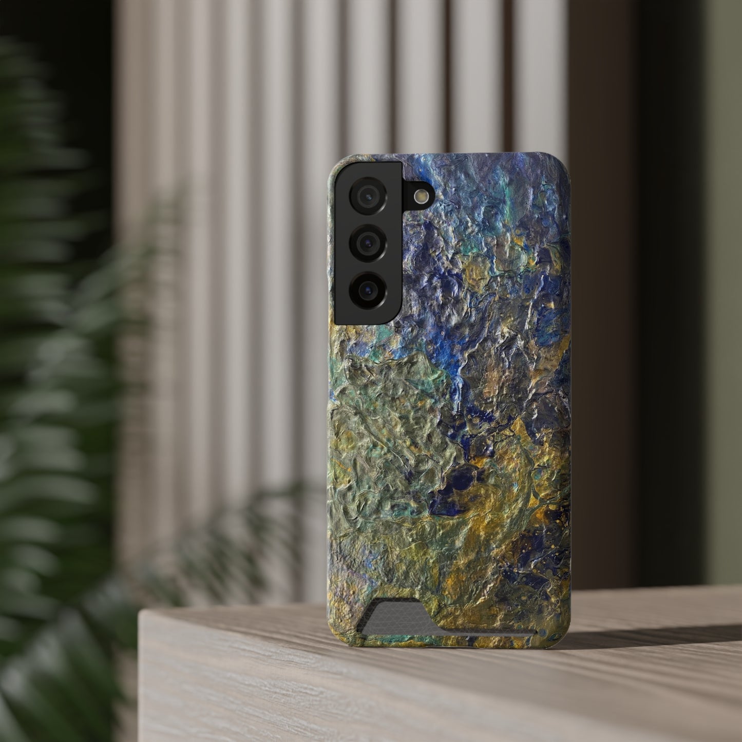 iPhone 13 and Samsung S21, S22 Cases with Card Holder Ft. Abstract Acrylic Gold Waterfall
