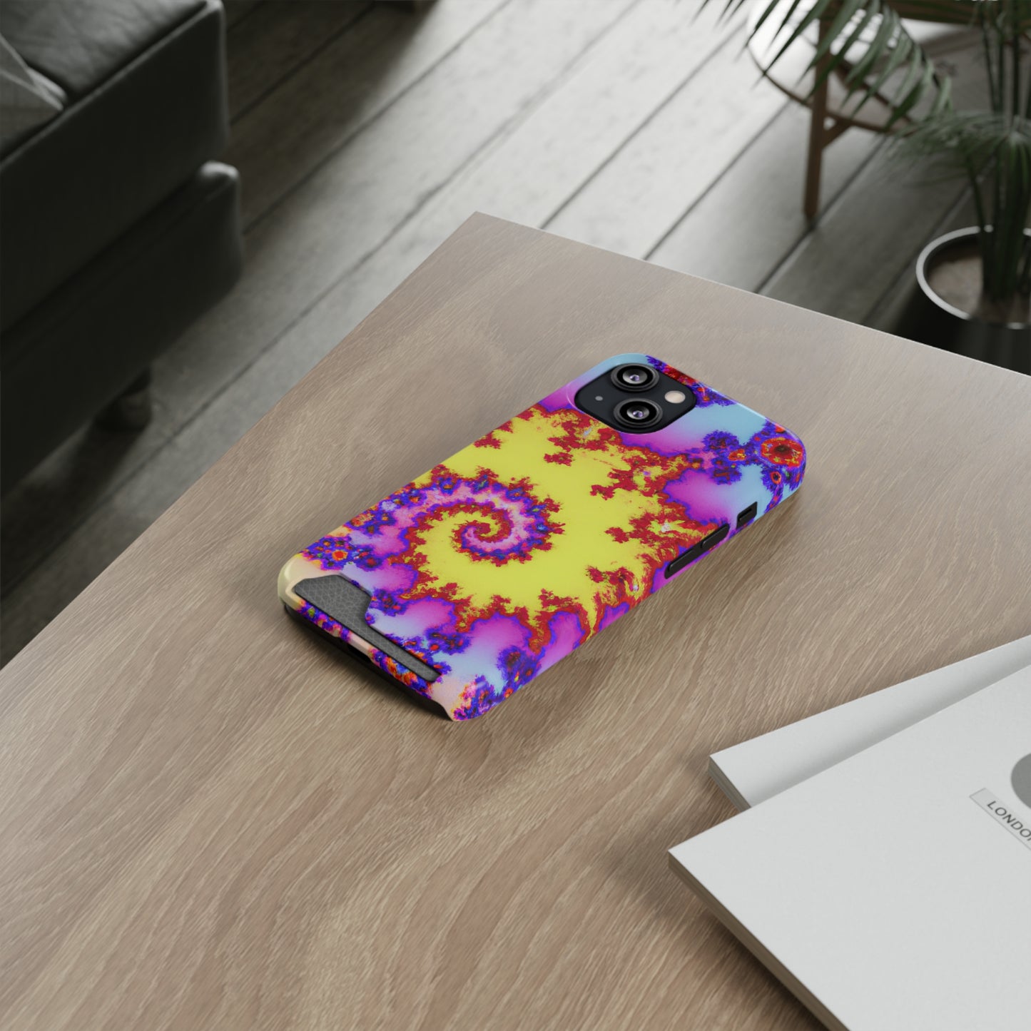 iPhone 13 and Samsung S21, S22 Cases with Card Holder Ft. Tie Dye Fractal