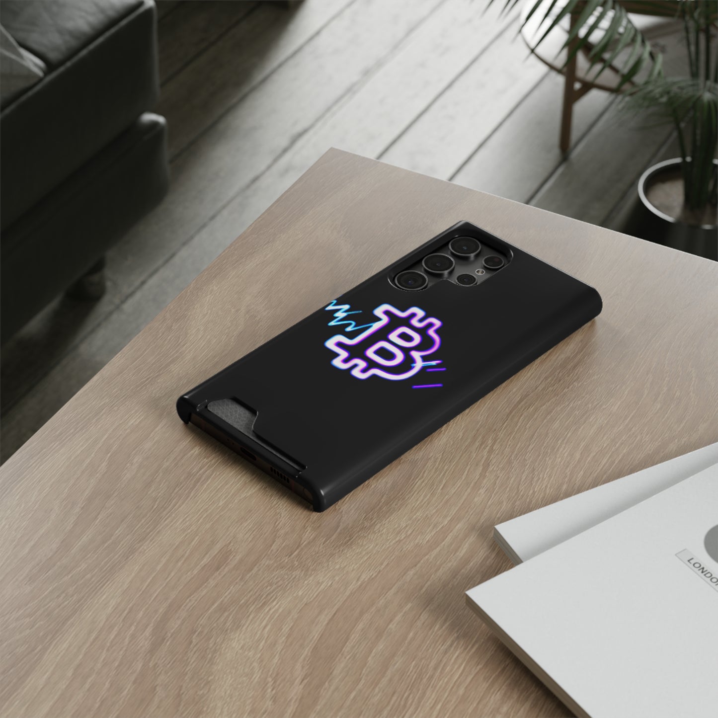 iPhone 13 and Samsung S21, S22 Cases with Card Holder Ft. Synthwave Bitcoin Symbol