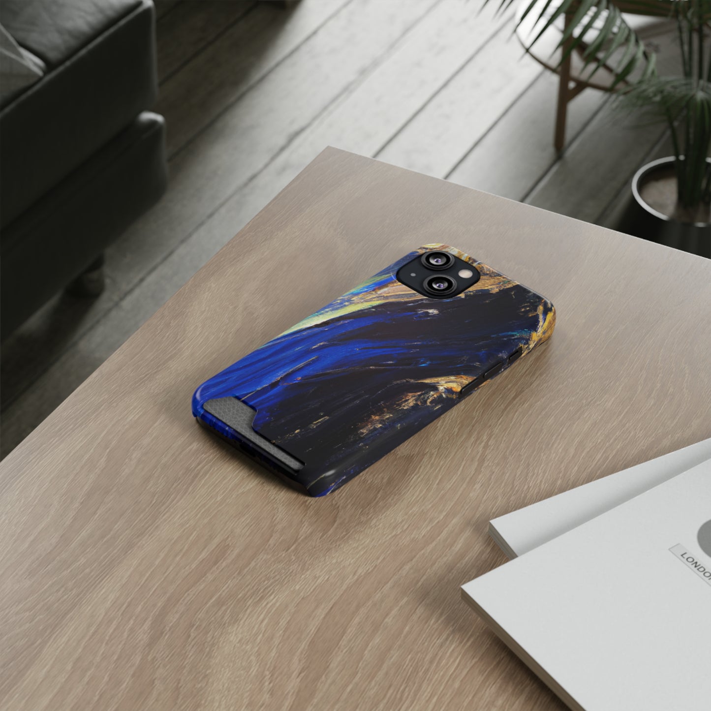 iPhone 13 and Samsung S21, S22 Cases with Card Holder Ft. Acrylic Blue Gold