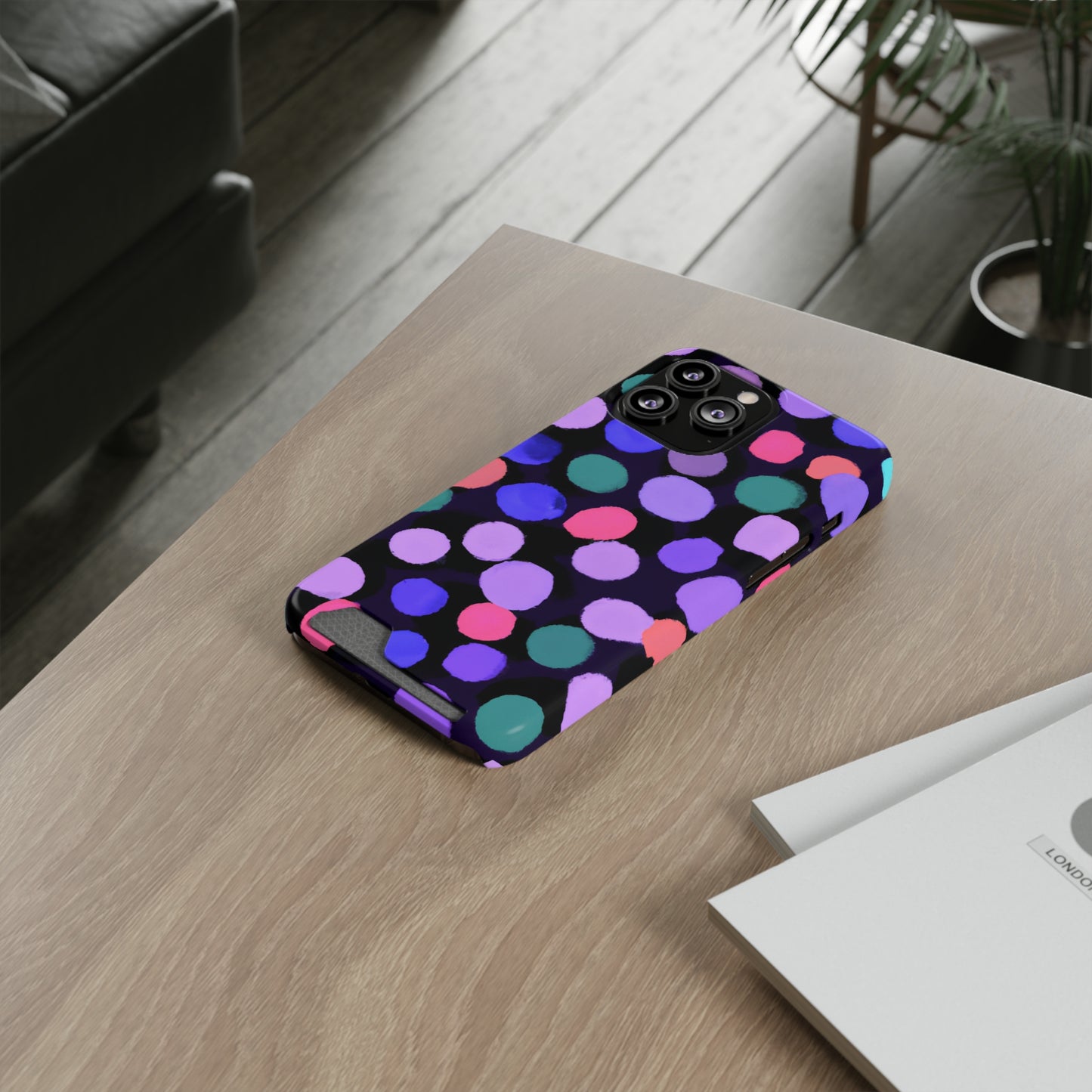 iPhone 13 and Samsung S21, S22 Cases with Card Holder Ft. Purple Dots