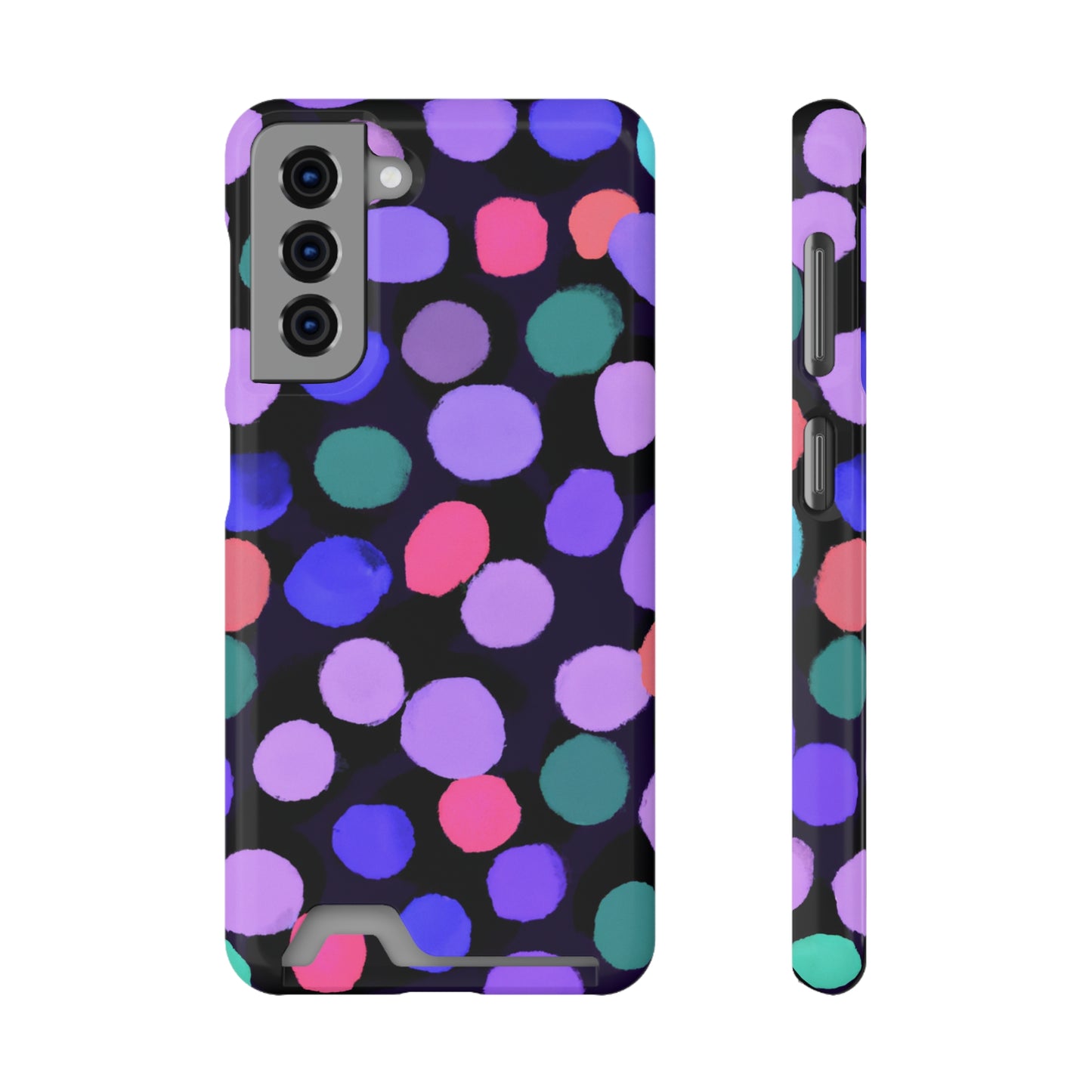 iPhone 13 and Samsung S21, S22 Cases with Card Holder Ft. Purple Dots