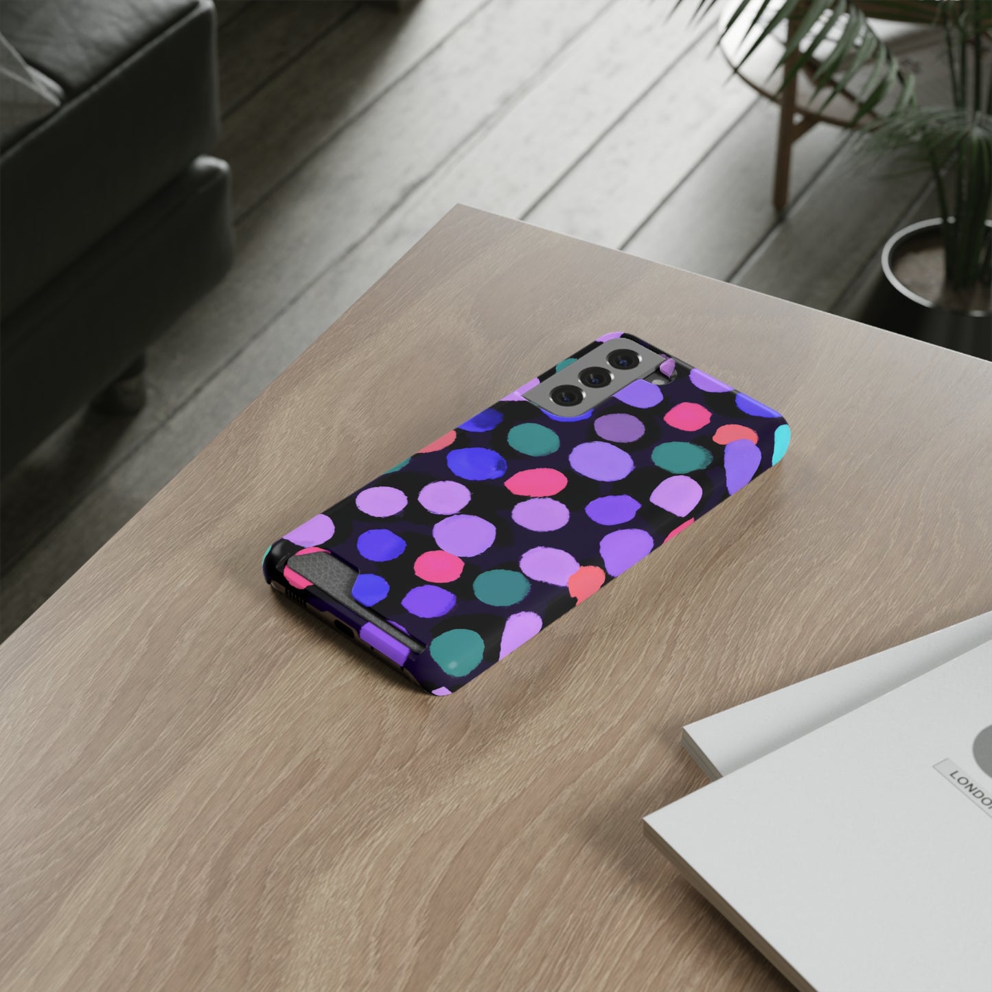 iPhone 13 and Samsung S21, S22 Cases with Card Holder Ft. Purple Dots