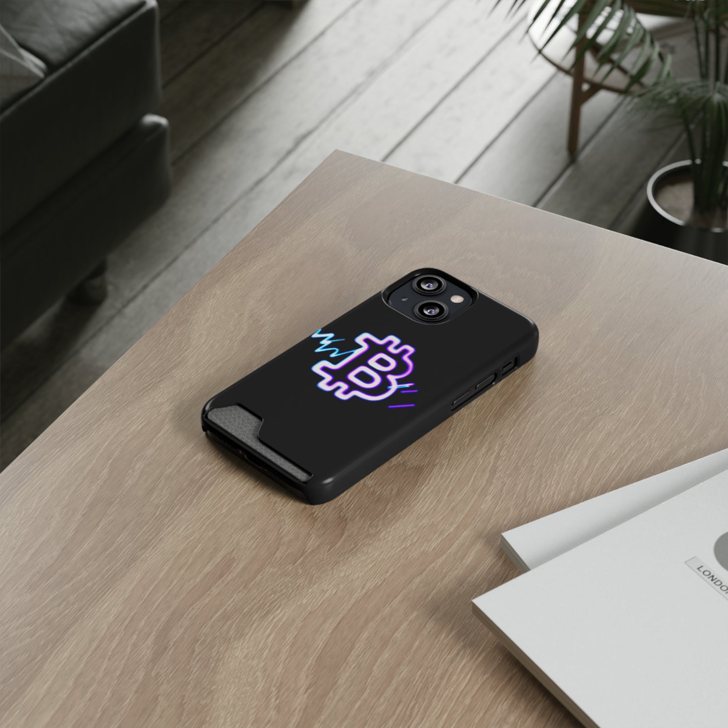 iPhone 13 and Samsung S21, S22 Cases with Card Holder Ft. Synthwave Bitcoin Symbol
